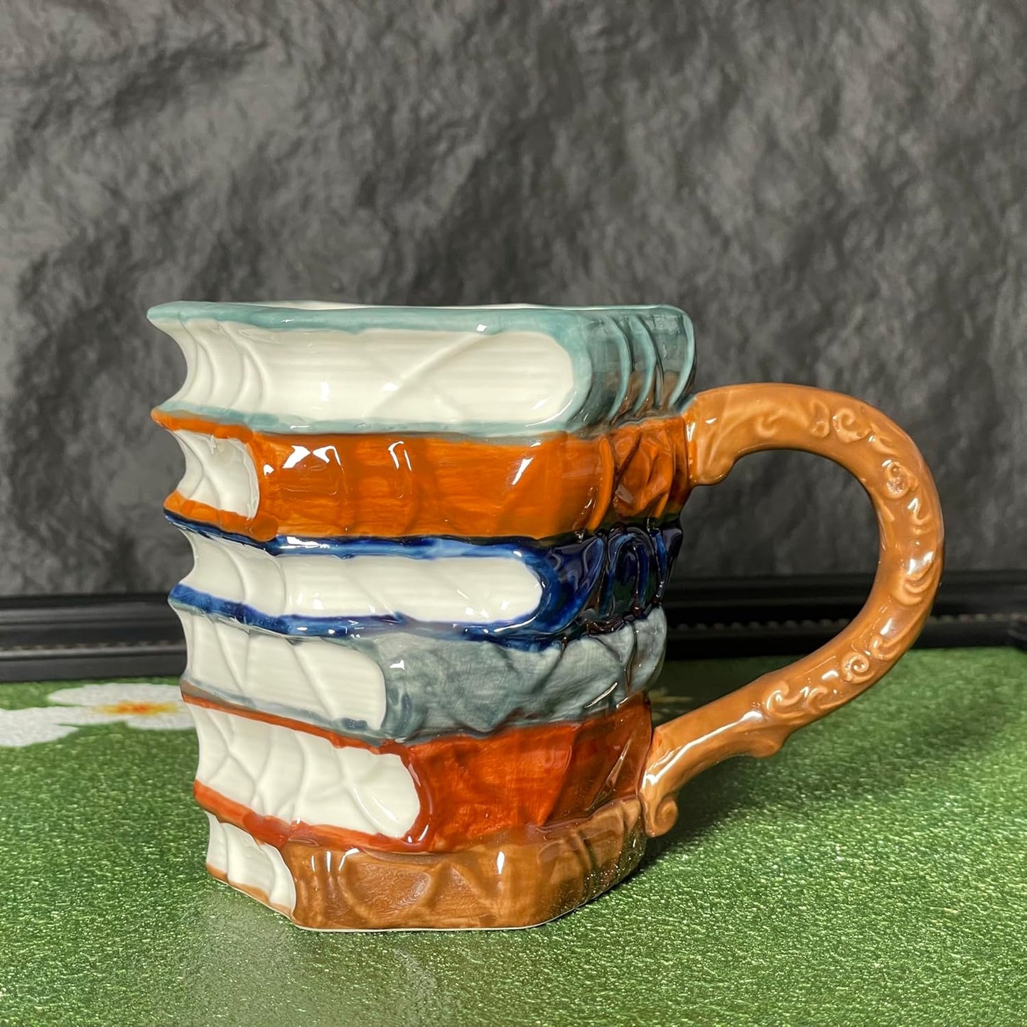 suigetsu Hand Painted 3D Book Stack Glass Coffee Mug, Colorful Stained Glass Design, Novelty Cup for Book Lovers (VINTAGE)