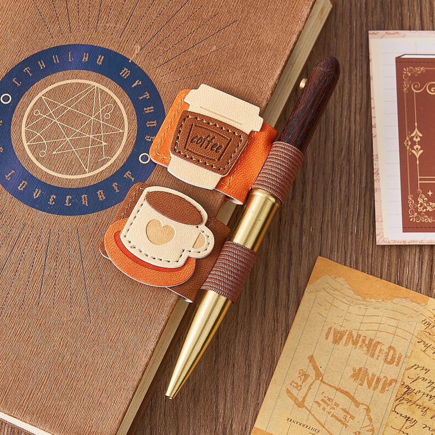2pcs Coffee Magnetic Bookmarks, Vintage Leather Book Mark with Pen Holder for Reading Women, Magnet Bookmark Clip for Book Lover