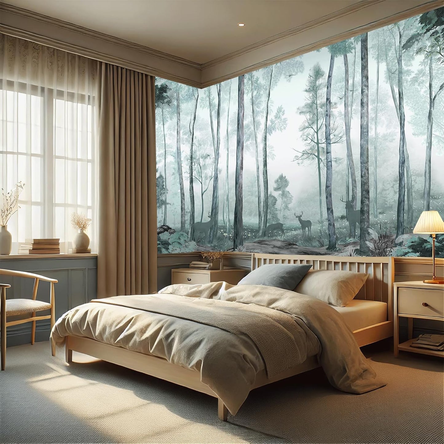 AMUGISH Misty Forest Wall Mural – Tranquil Woodland Scene Wallpaper with Deer and Soft Greenery, Peel and Stick - Ideal for Living Rooms, Bedrooms, and Nurseries