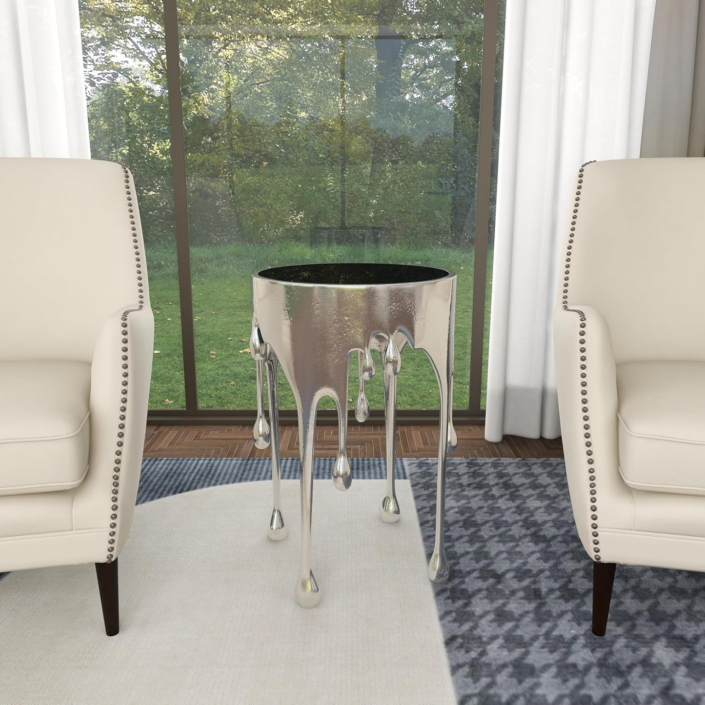 Deco 79 Aluminum Metal Side End Accent Table Drip End Table with Melting Design and Shaded Glass Top, Side Table 16" x 16" x 25", Silver