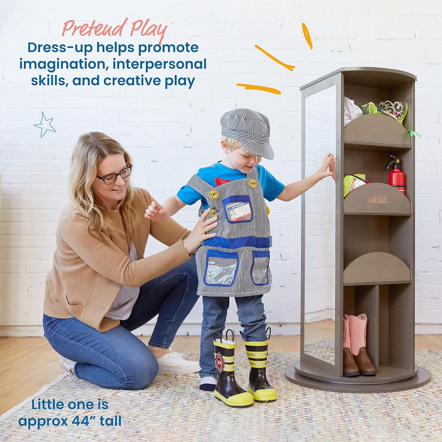 ECR4Kids Rotating Dress-Up Carousel, Costume Organizer, Grey Wash