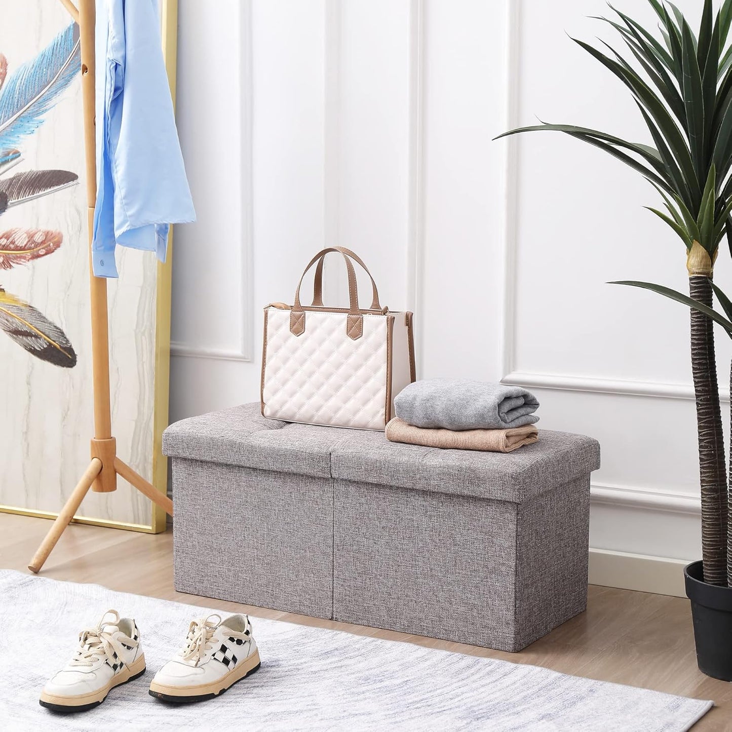 CUYOCA Storage Ottoman Bench Foldable Seat Footrest End of Bed Ottoman with Flipping Lid for Living Room, 75L, 30 inches Linen Fabric Grey