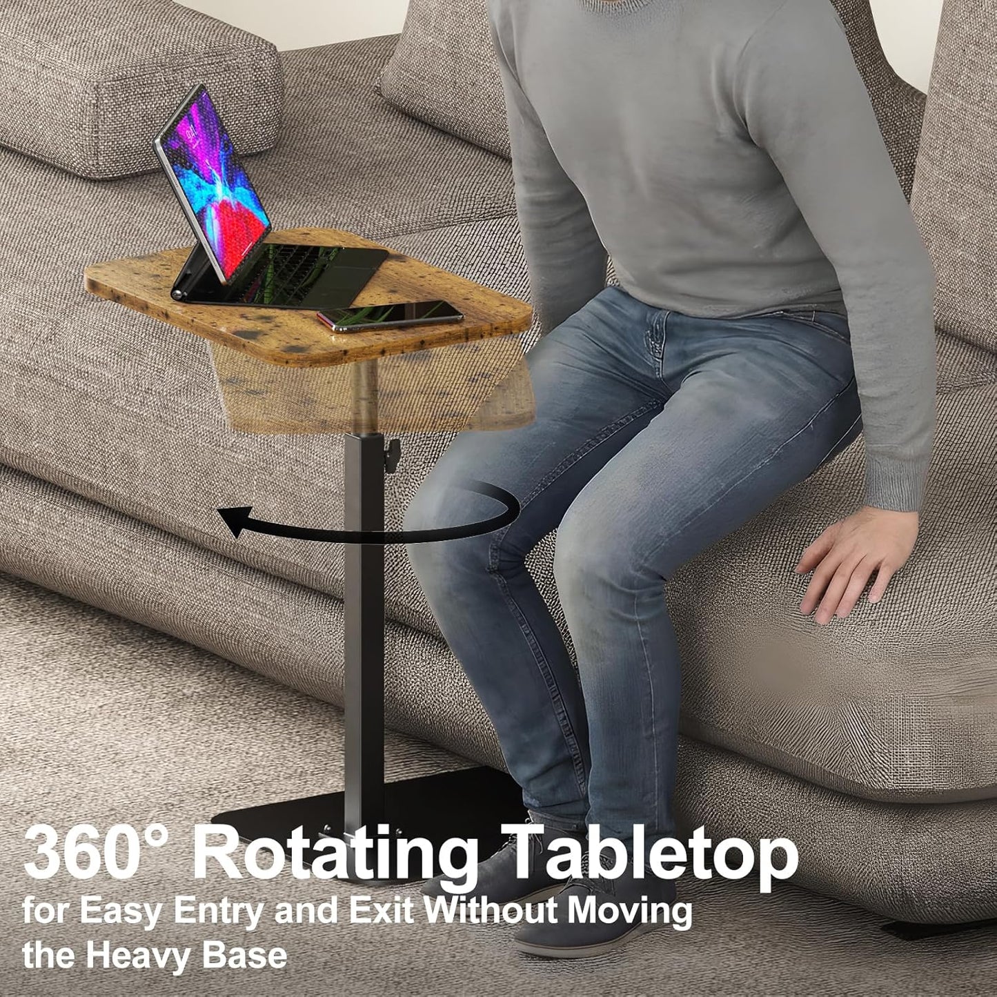 TV Tray Side Table Sofa Tray for Couch Heavy Metal Base Swivel/Adjustable Height, Sofa Bed Bathroom Living Room, Study TV Tray C Shaped End Table Food Snack Trays for Eating Small Spaces
