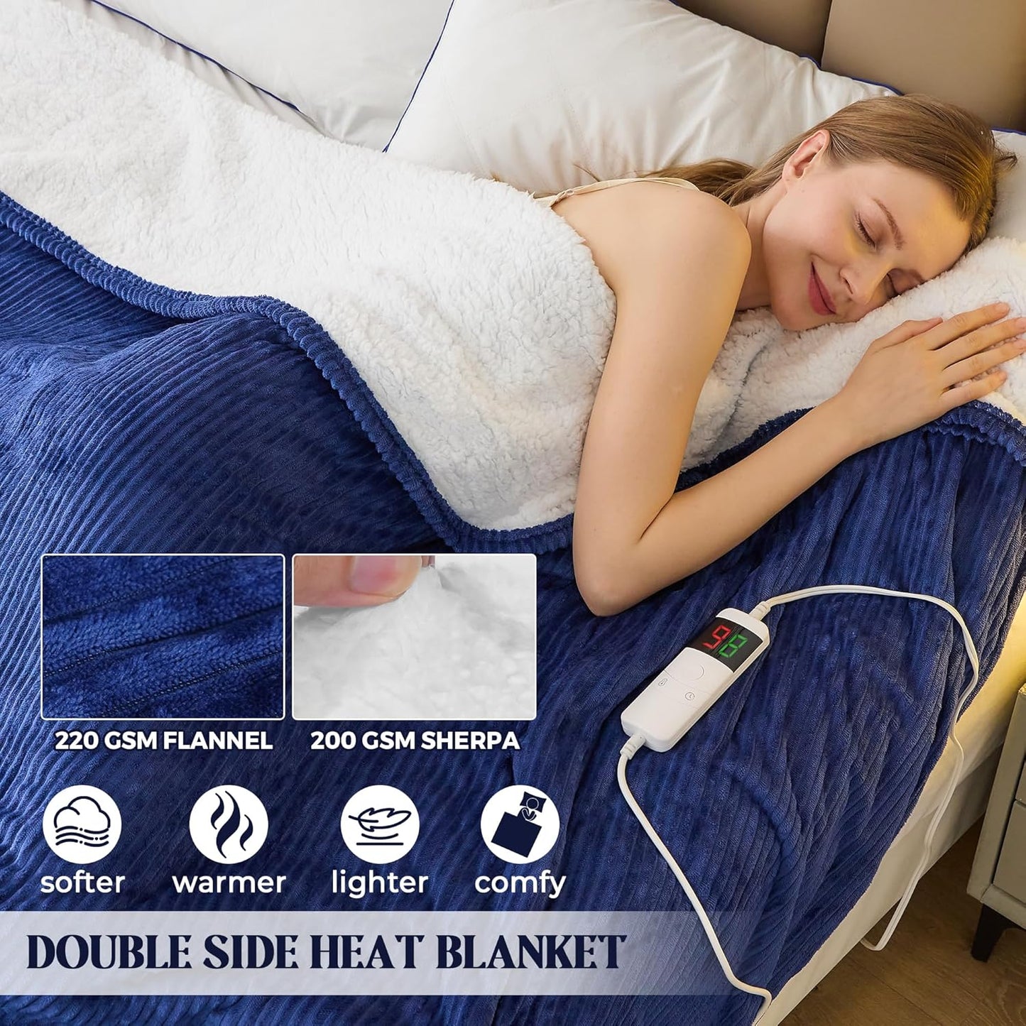 Heated Electric Blanket Throw Size 50"x 60" Heating Thow Blanket Soft Warm Thick Bed Blanket for Cold Winter 5-Position Timer &10 Heating Setting Home Office Use & Washable