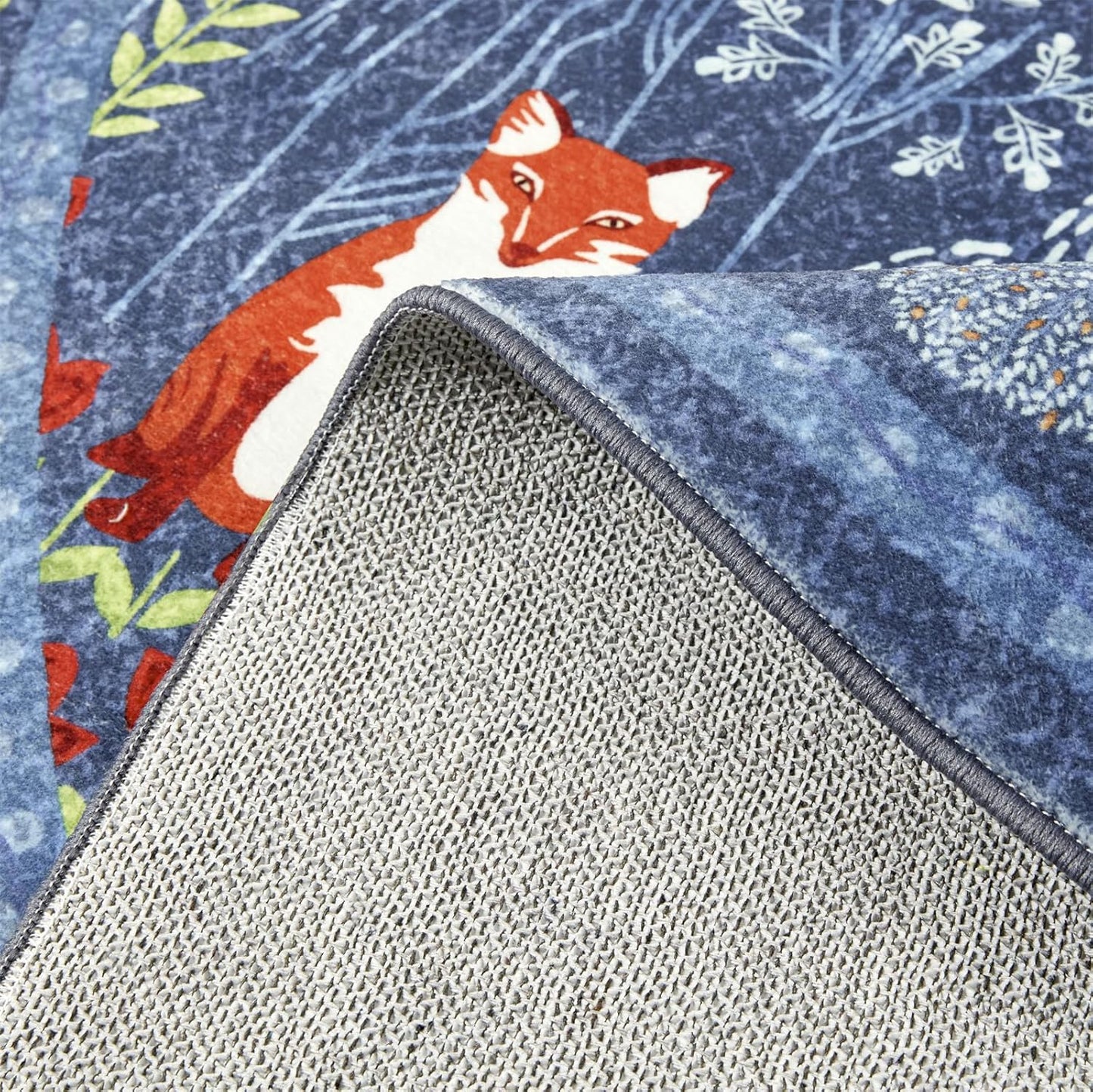 Cute Woodland Forest Living Room Rug Vibrant Blue Botanical Floral 8x10 Area Rug Washable, Whimsical Nature Animals Kids Rug Boho Vintage Aesthetic Carpet for Nursery Dining Room Entryway Bedroom