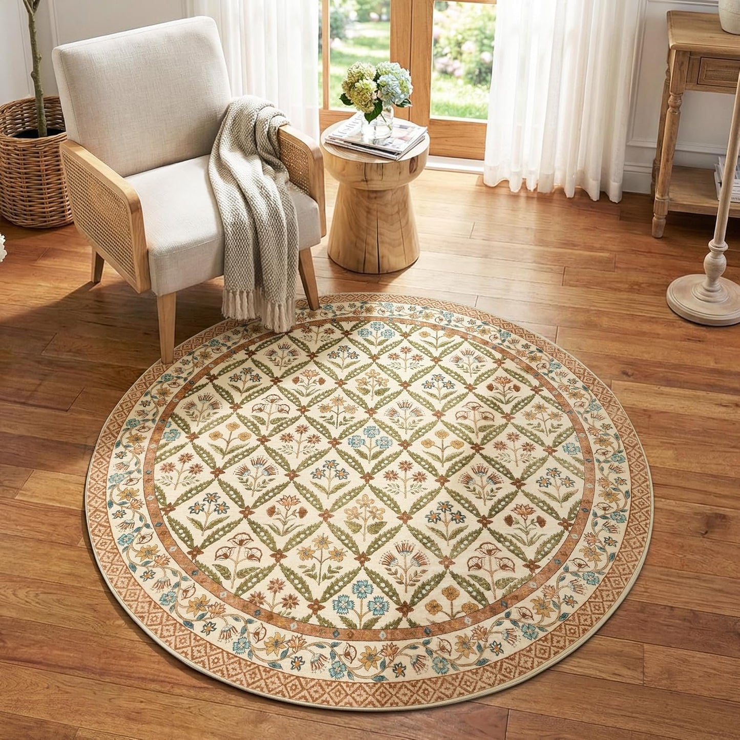 jinchan Haden Round Rug 5ft Vintage Floral Washable Rug for Entryway Kids Room Soft Non-Slip Low Pile Circle Carpet Nursery Living Room Reading Nook Cottage Indoor Decor Terracotta