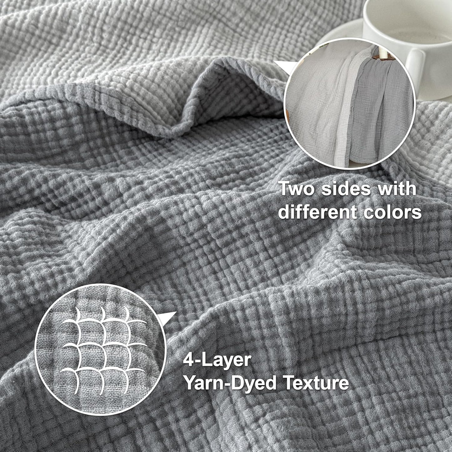 Simple&Opulence 100% Cotton Muslin Blanket King Size, Lightweight Breathable 4 Layering Gauze Blanket for Bed Couch Camping, Soft Bedspread Coverlet All-Season Use (Grey, 104" x 92")