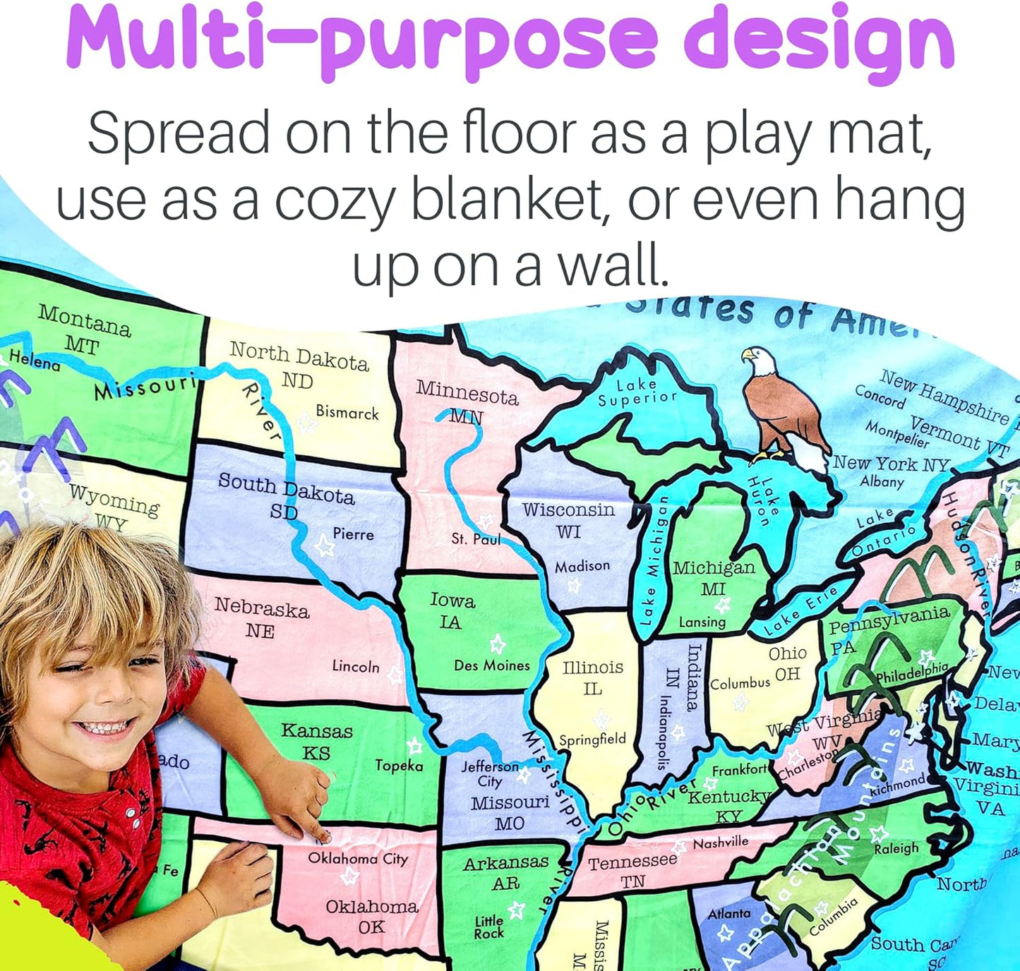Birdy Boutique – 50 States Learning Blanket® – Double-Sided Throw – U.S. Geography Educational Blanket for Kids – Soft Minky Fleece 50" x 60" PreschoolBlanket – USA Map & State Facts for Toddlers