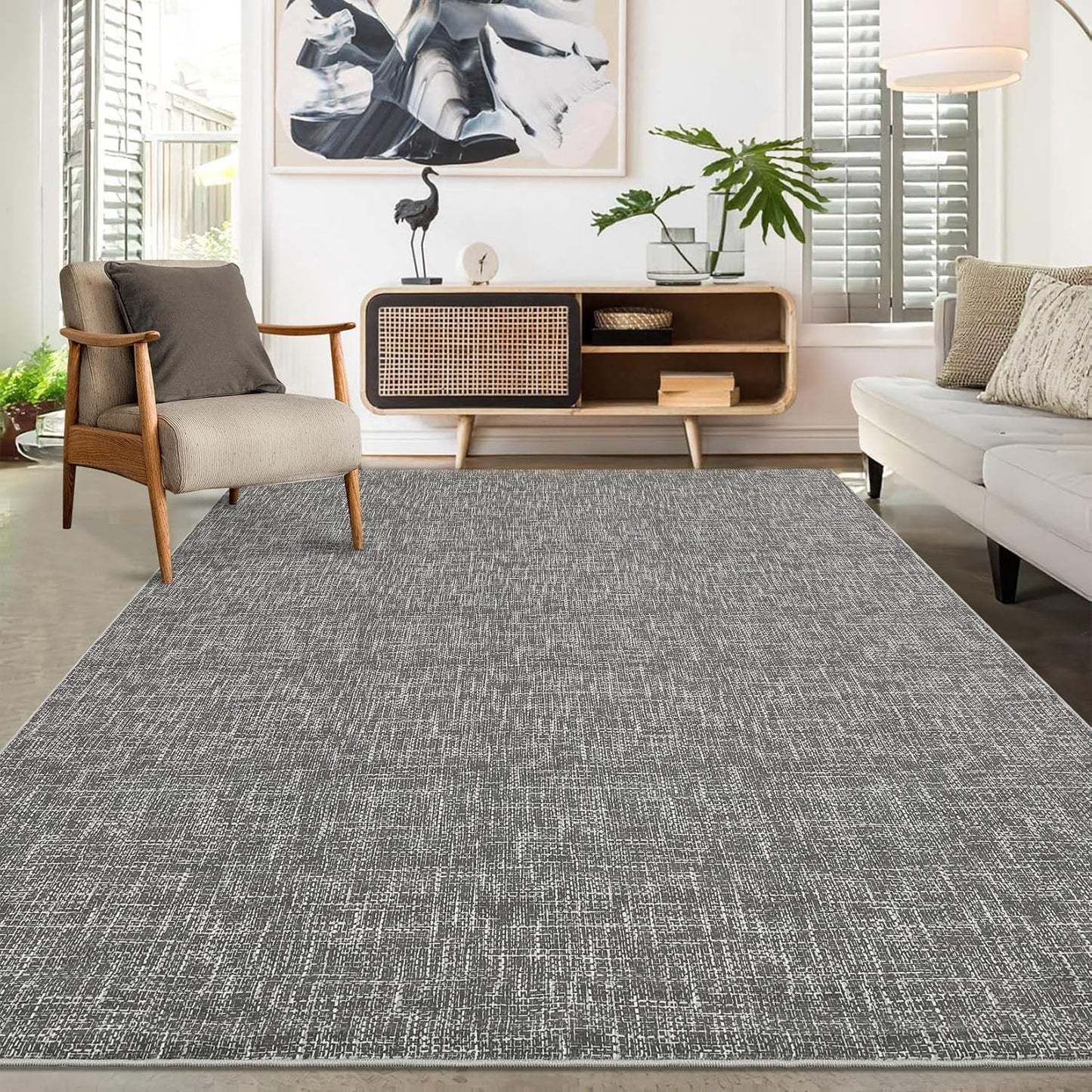 RUGSREAL 8x10 Washable Rug for Living Room Non-Slip Modern Abstract Area Rug Stain Resistant Large Bedroom Rug Contemporary Accent Throw Floor Carpet Solid Rug for Dining Room Home Decor, Grey