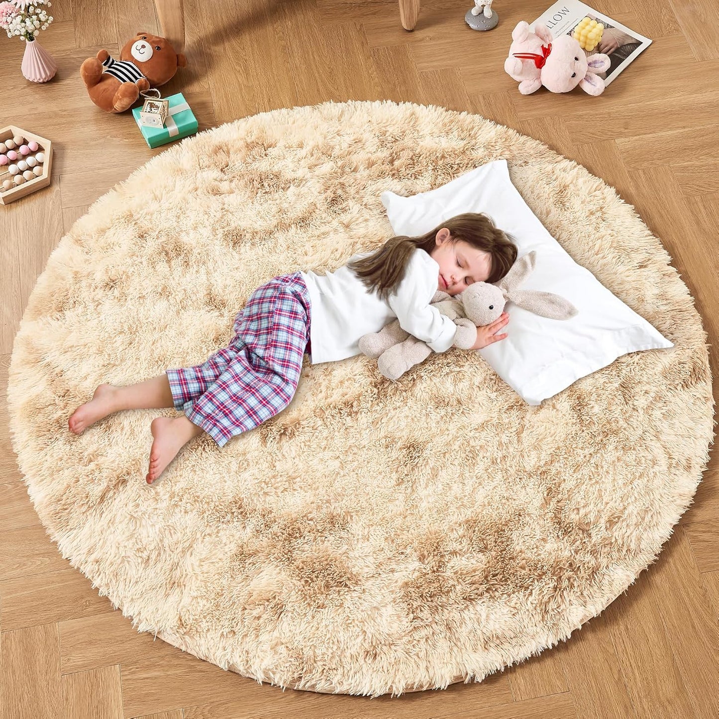 Andency Tie-Dyed Beige Round Area Rug for Living Room, 4x4 Shag Rug for Bedroom, Fluffy Circle Carpet for Home Decor, Room, Fuzzy Plush Circular Rug for Dorm Playroom