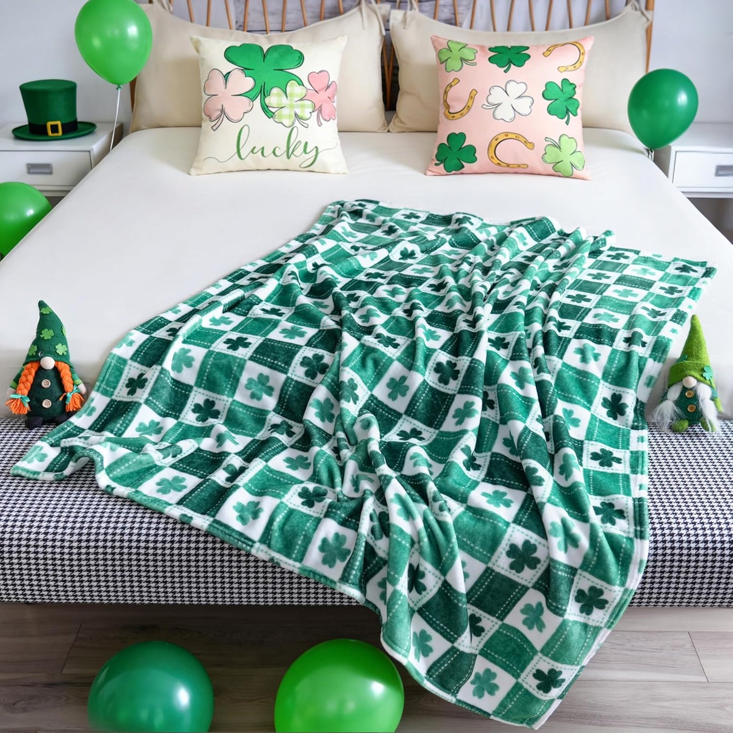 St. Patrick's Day Blanket, Green Shamrock Throw Soft Fuzzy Plush Cozy Fleece Blanket for Couch Sofa Bed, Irish Themed Home Decor Gift, 50 x 60 Inches