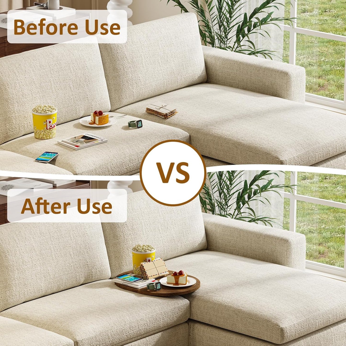 Couch Tray Insert for Middle, 15.75"x12.6" Wood Sofa Tray, Folding Couch Armrest Table Fit Armless Couch/Sectional, for Drink Snacks Phone Remote Holder, Walnut