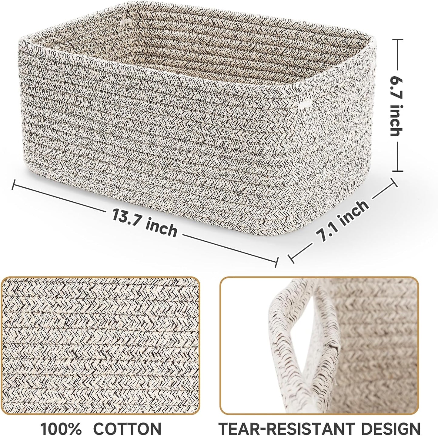 3-Pack Storage Baskets for Organizing | Woven Shelf Toy Basket | Rope Baskets for Gifts Empty | Closet Organizer Bins with Handles | Cube Decorative Box | 13.7×7.1×6.7” | Mixed brown