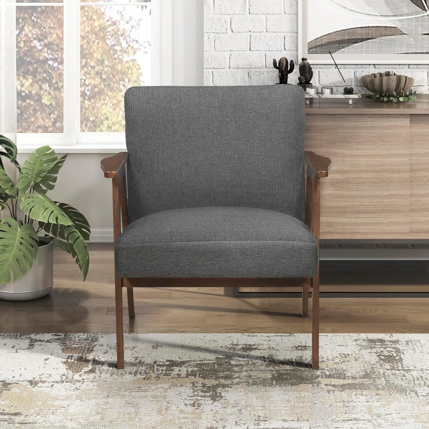 Lexicon Mid Century Modern Accent Chair, Upholstered Lounge Armchair, Single Sofa Seat, Brown Finish Solid Wood Framed Comfy Side Chairs for Living Room/Bedroom/Office/Waiting Area, Dark Gray