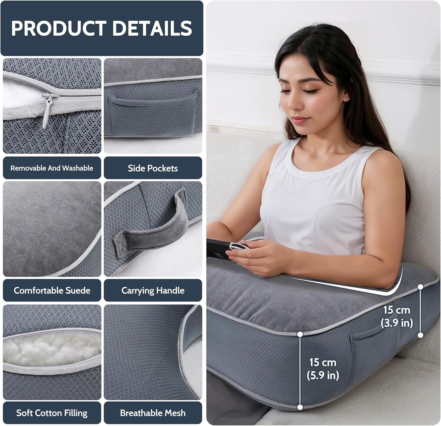 Reading Pillow for Gaming, Gaming Pillow for Lap, Side Sleeper Pillows for Adults, Arm Support Pillow for Adult Crocheting, Working or Sitting in Bed, Floor & Sofa (Grey)