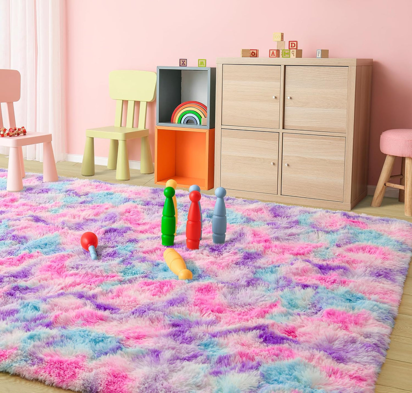 Tepook Soft Rainbow Rug 8x10 for Girls Room, Cute Fluffy Girls Bedroom Area Rug, Shaggy Princess Rug Colorful Carpet for Kids Teens Toddler Playroom Nursery Reading Nook, Hot Pink
