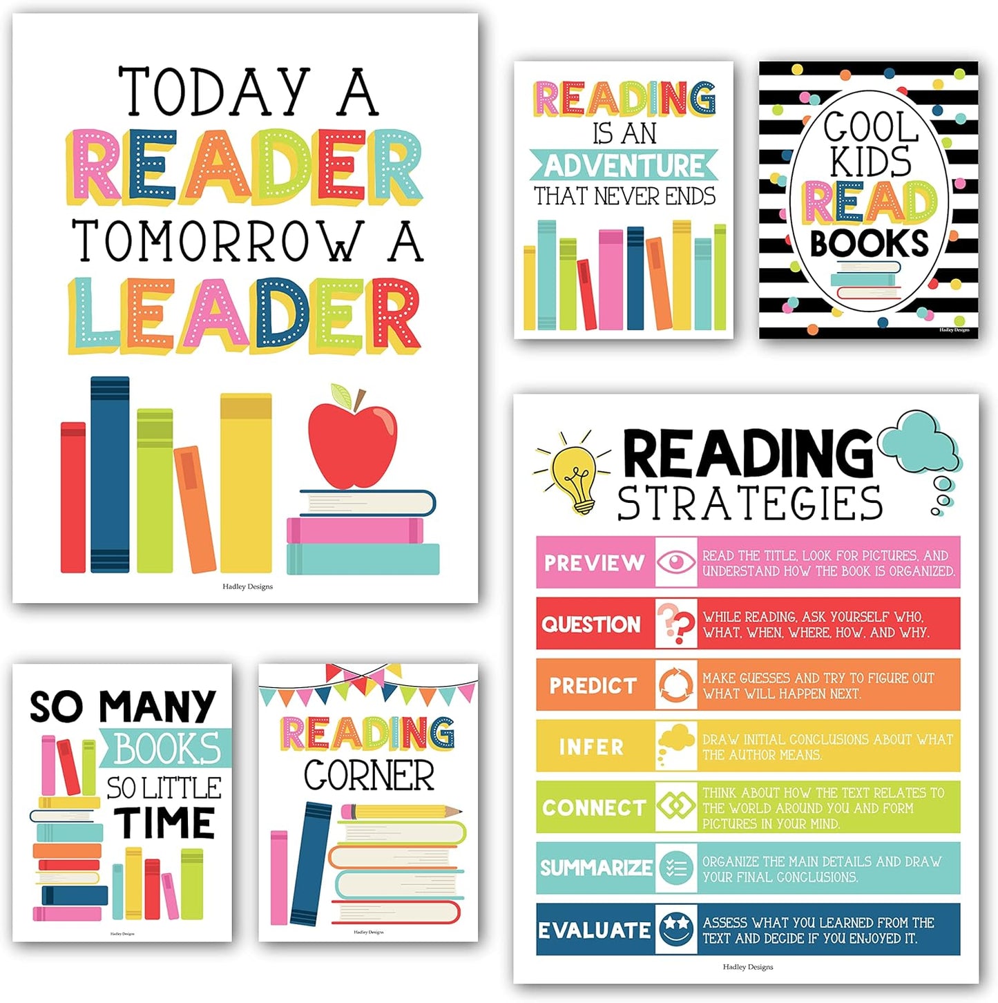 Hadley Designs Motivational Reading Posters for Classroom Elementary –6 Reading Strategies Posters for Classroom Library Decor, Read Corner School Library Poster, Colorful Bulletin Board Decorations