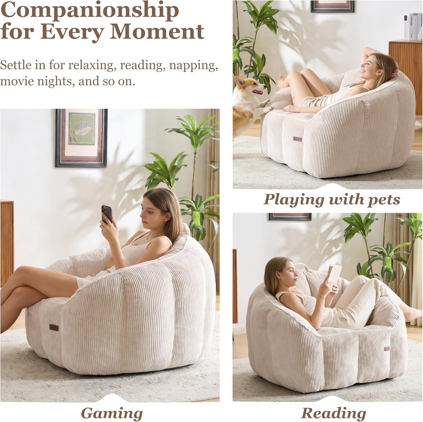 Royal Windsor Bean Bag Chairs for Adults, 47 Inch Giant Bean Bag Chair with Back Support, Large Comfy Reading Chair for Living Room, Bedroom & Dorm, Beige