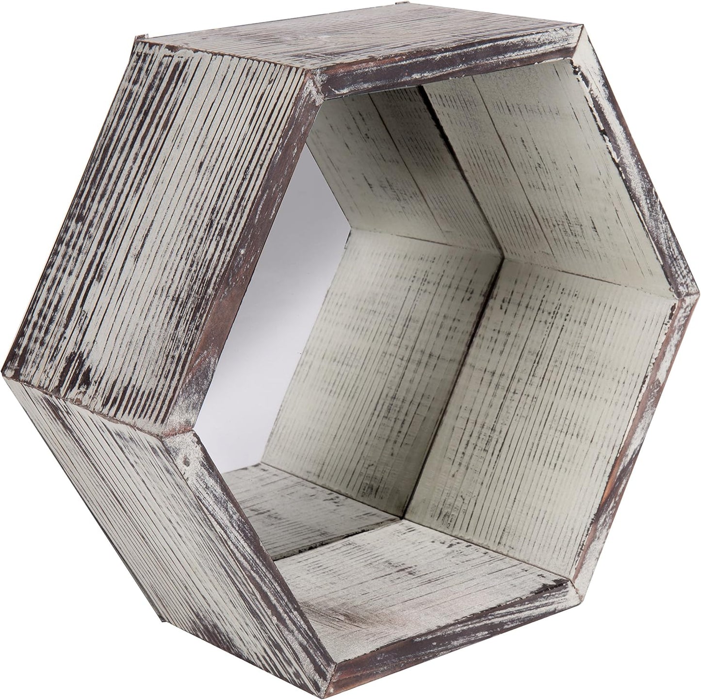 MyGift Wall Mounted Floating Shelves, Solid Torched Wood Hexagon Display Shelf Wall Decor with Mirrored Backing, 3 Piece Set