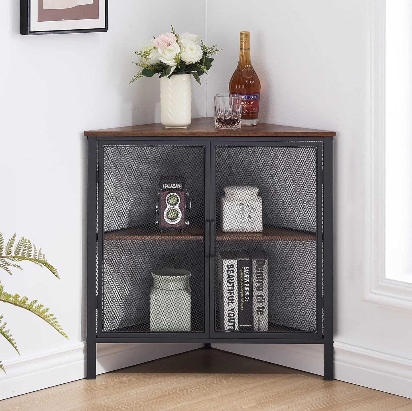 VECELO Corner Cabinet/Table, 3-Tier Shelves with Protection Door, Metal Frame Storage Shelf Organizer for Small Space, Living Room, Kitchen, Bathroom