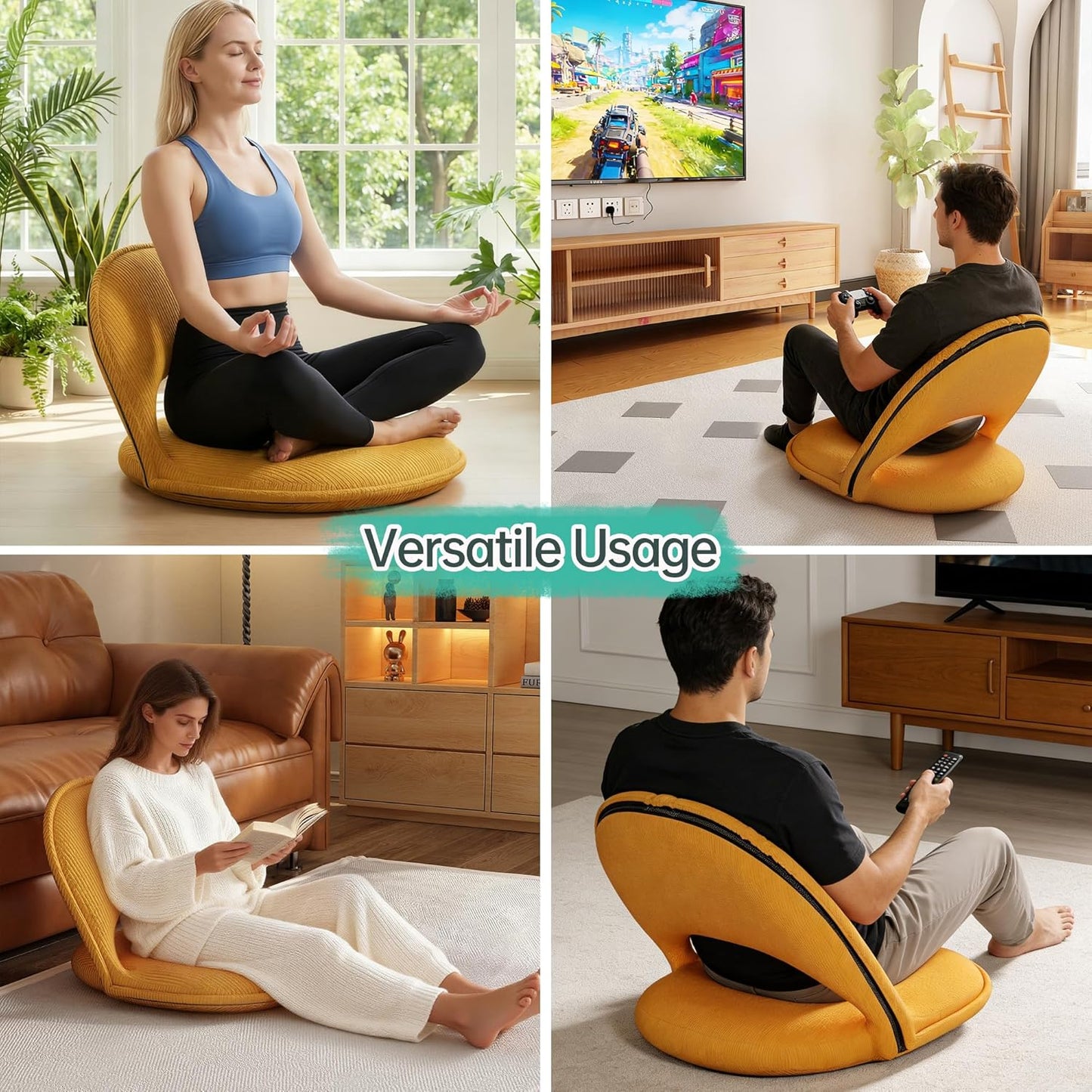 Floor Chair Adjustable Back Support Folding Chair Padded Meditation Seating 5-Position Multiangle Portable Comfy Cushion Recliner for Adults Kids Video-Gaming Reading Watching Lay Flat,Yellow