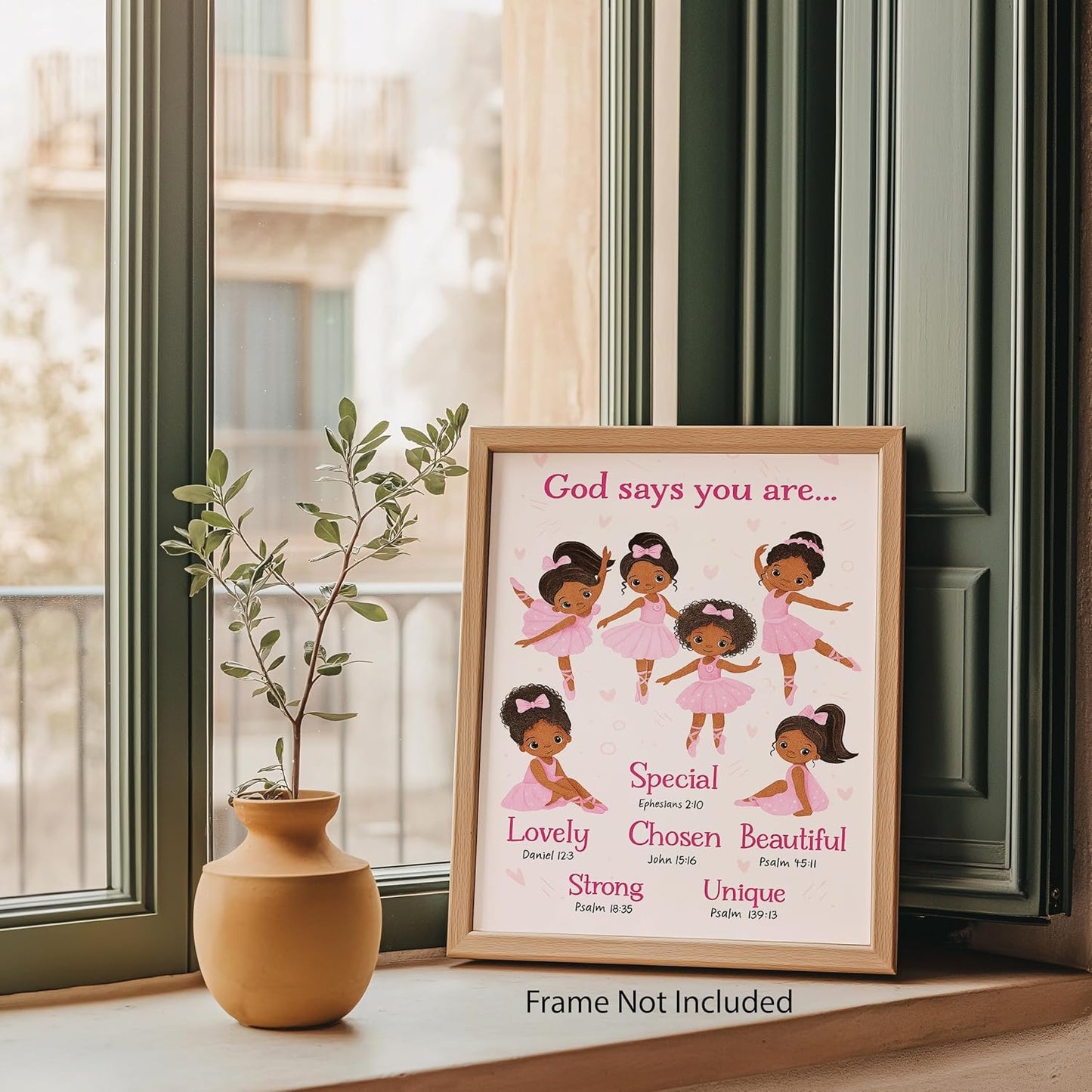 ZUKIY Ballerina Blessings - Who God Says You Are - Black Ballerina Wall Art - Ballerina Room Decor for Girls - Ballerina Bedroom Decor - Pink Afro Girl Poster - God Daughter Gifts - Unframed 8x10