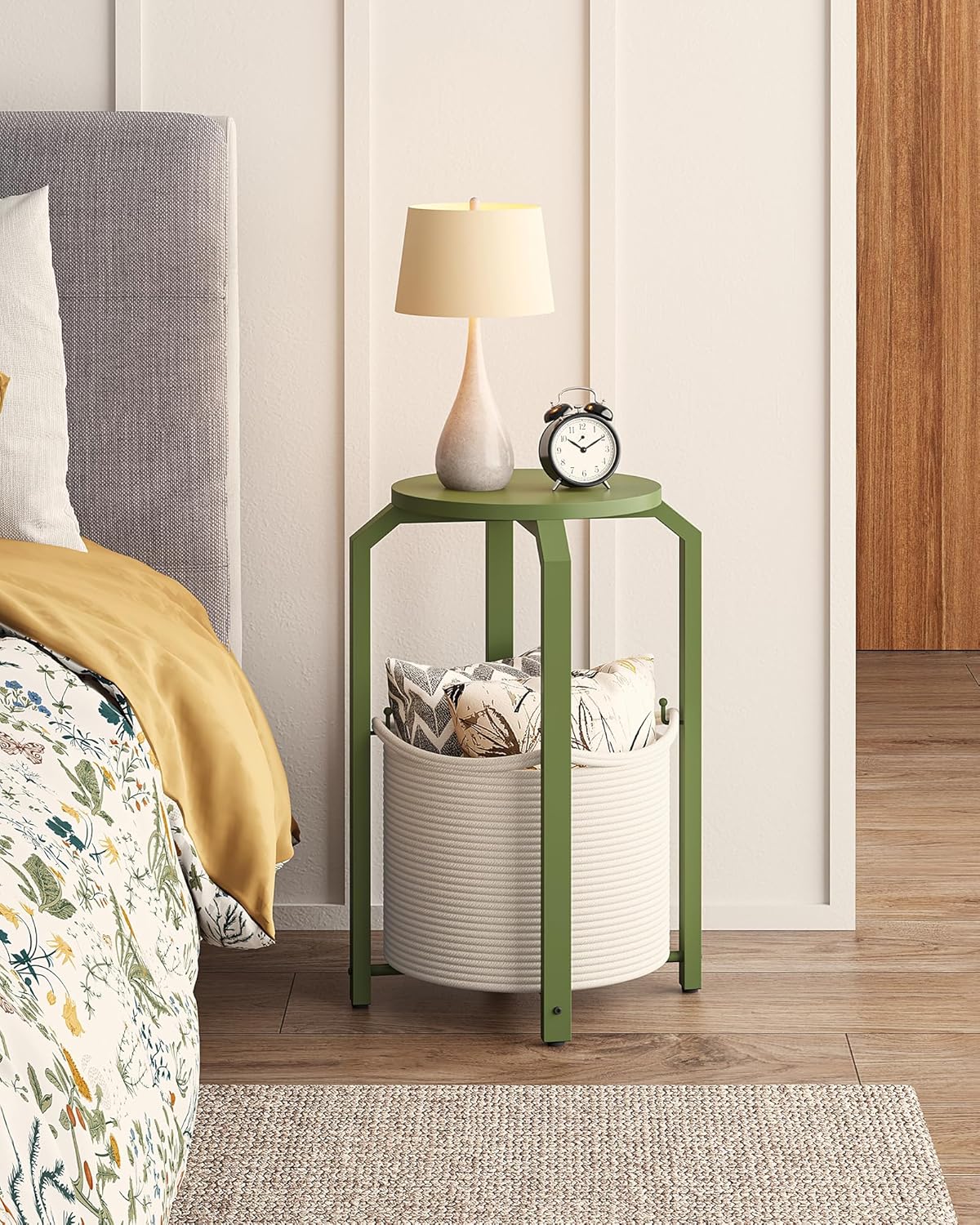 TUTOTAK Small Side Table, Round End Table, Night Stand, Bedside Table, Sofa Table with Storage Basket, Living Room, Bed Room, Olive Green TB01BOG092