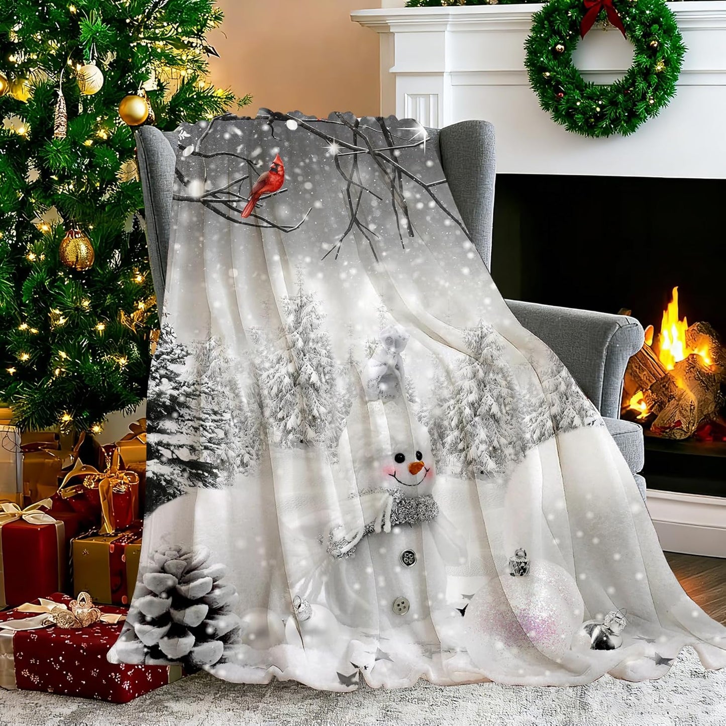 Merry Christmas Winter Throw Blanket, Snowman Xmas Pine Tree Forest Farmhouse Warm Flannel Blanket for Living Room Couch Bed Chair or Dorm, 50x60 Inch