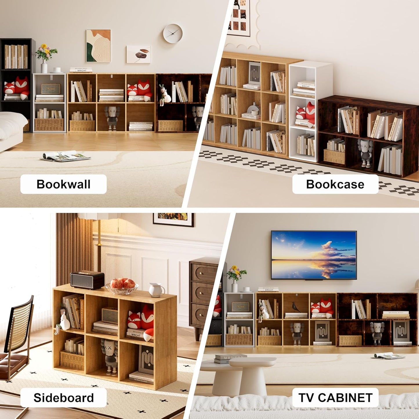 Book Shelf, Wooden Cube Storage Organizer with 11" Open Cubes, Stackable Modular Bookcase for Room Divider Storage, 2 Tier Bookshelf for Living Room, Bedroom, Office (White, 4-Cube)