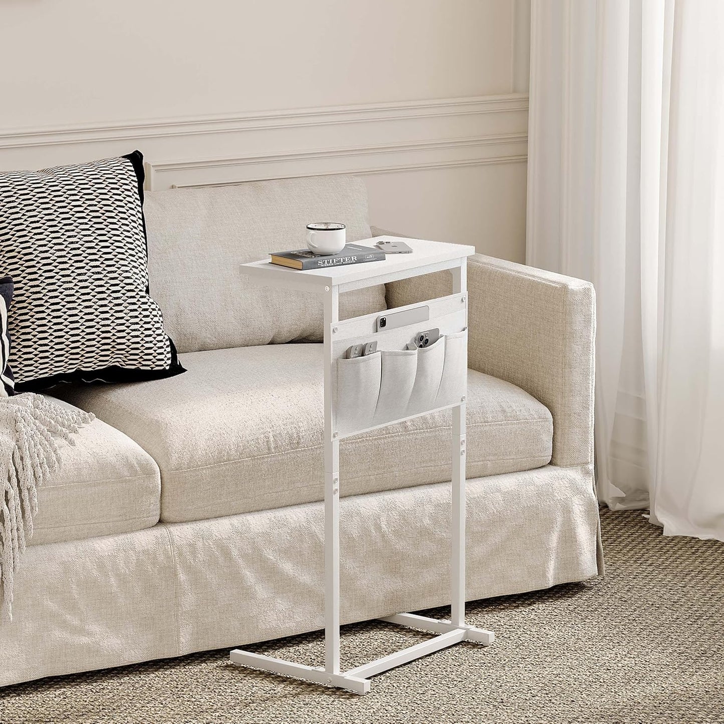 C Shaped End Table, Side Table for Sofa, Small TV Tray, Couch Table with Storage Bag for Small Space, Living Room, Bedroom, Home Office LET501W (White)
