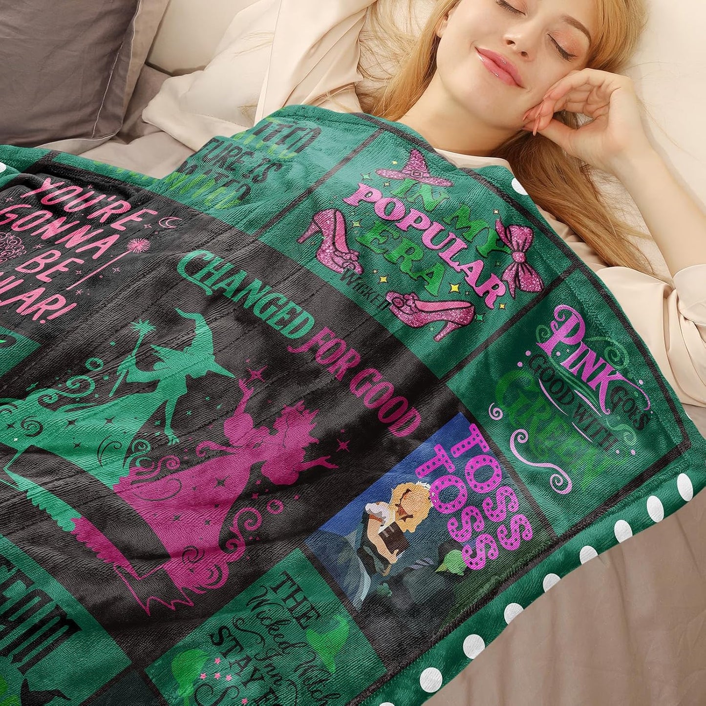 50'' x 40'' Witch Green Vintage Flannel Blanket, Evil Gift Queen Throw Broom, Elphaba Hat Glinda Magic Movie Land Blanket, All Seasons Warm Cozy Soft Blanket for Sofa Bed Halloween Women Girls Fans 1