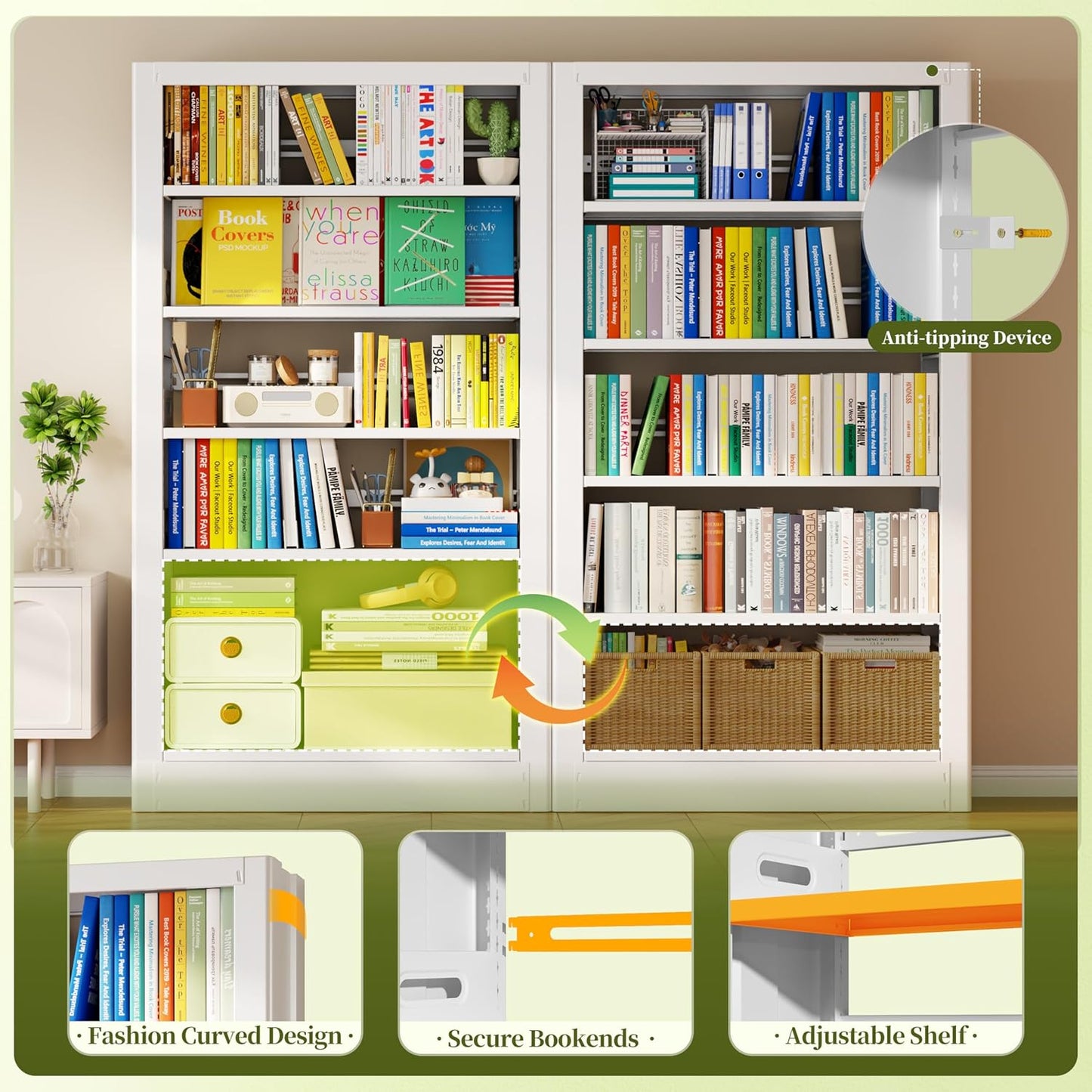 Bookshelf, 71" H Tall White Bookcase, 5-Tier Bookcase Metal Sturdy Bookshelf with Adjustable Shelves,Heavy Duty Book Cases for Living Room, Library, School, Study, Home Office
