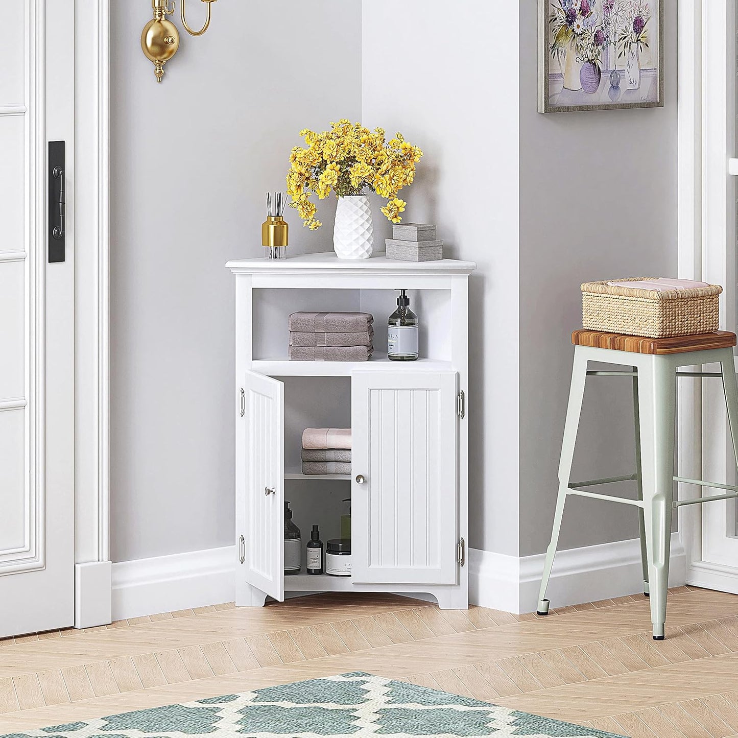 UTEX Bathroom Corner Storage Cabinet, Small Floor Corner Cabinet with Doors and Adjustable Shelves, Freestanding Narrow Storage Organizer for Bathroom, Kitchen, Living Room, White | Floor Corner Cabinet, Doors, Adjustable Shelves, Freestanding, Narrow Cab