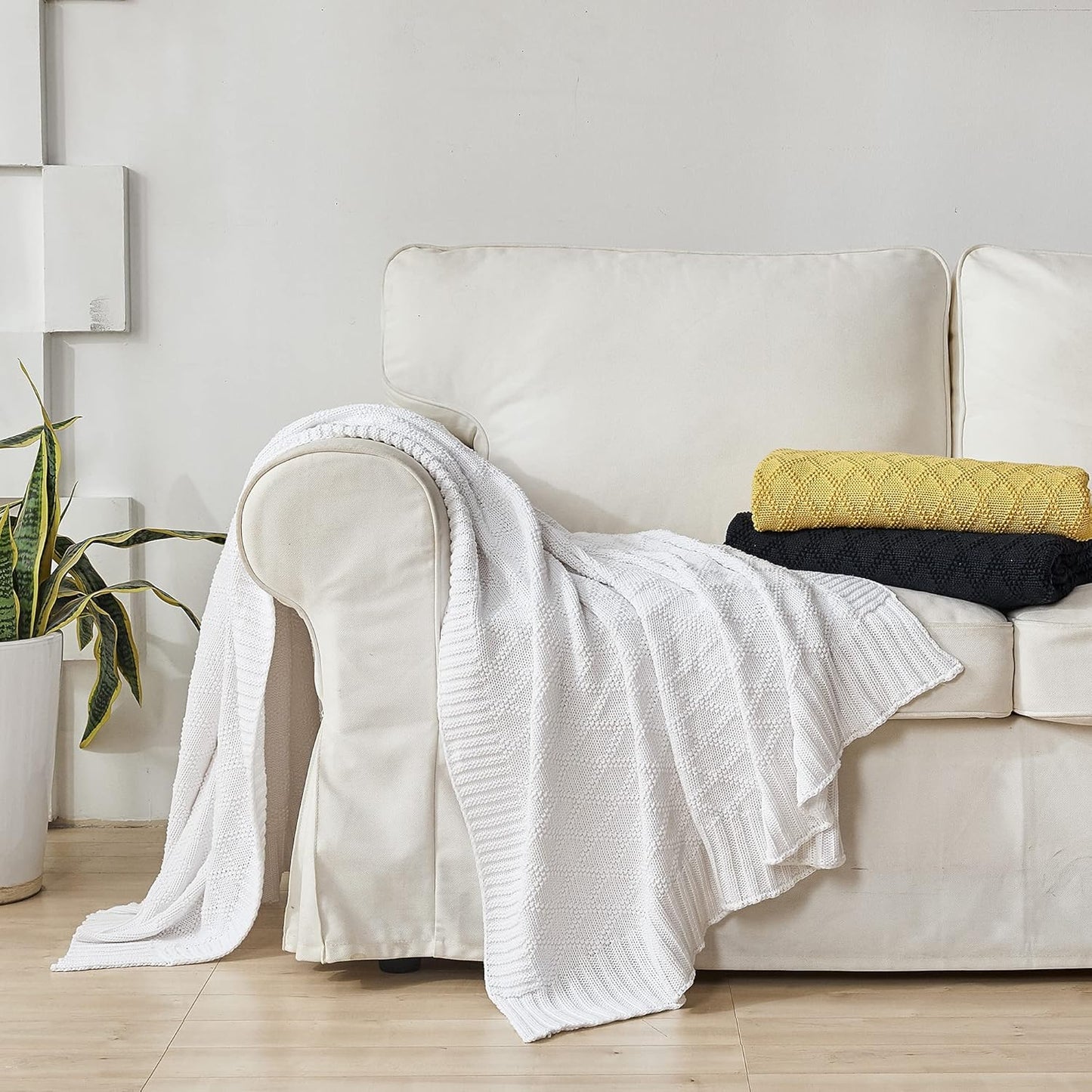 Longhui bedding 100% Cotton Pure White Cable Knit Throw Blanket for Couch with Bonus Laundering Bag – Large 50 x 60 Inch Thick, Extra Cozy, Machine Washable, Comfortable Home Decor