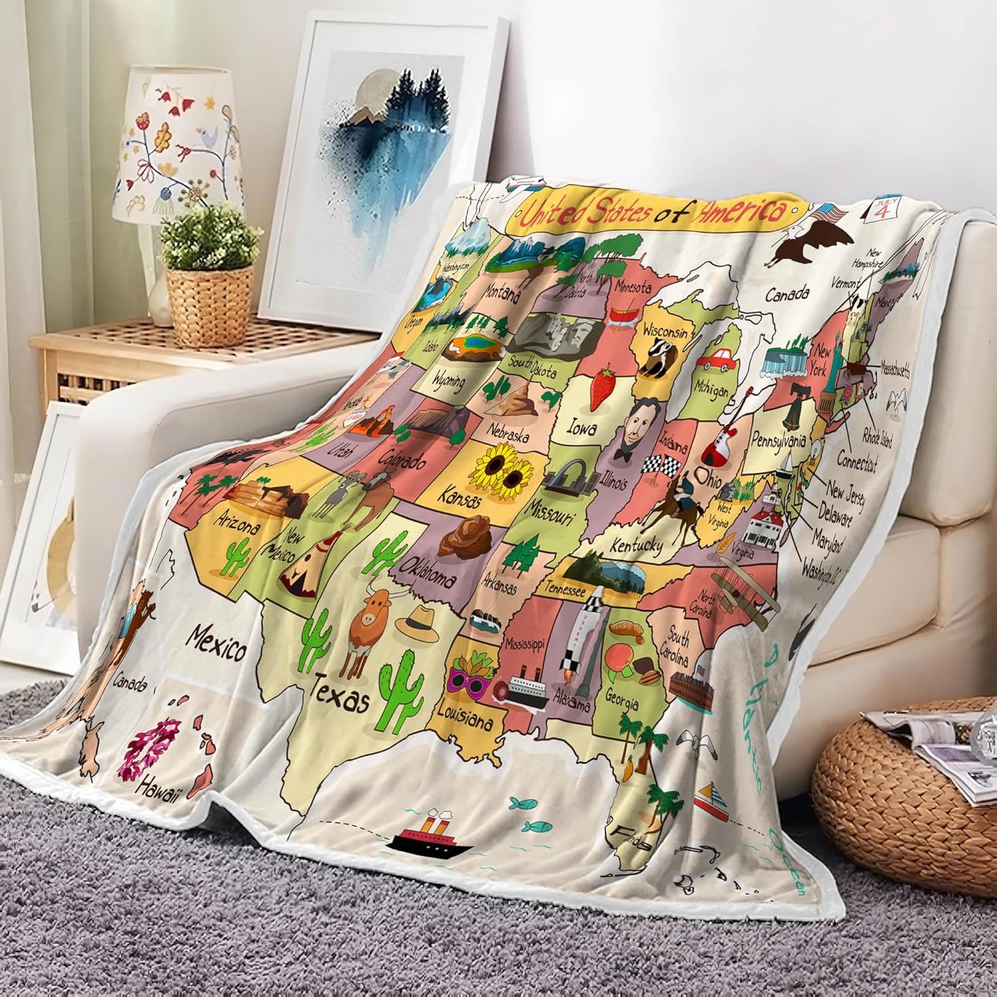 Kids Map of The United States Beige Throw Blanket, Fun Geography USA Camping Blankets for Bed, Animal Fleece Flannel Blanket for Sofa Couch Girls Boys Children Room Decor, 50X60in