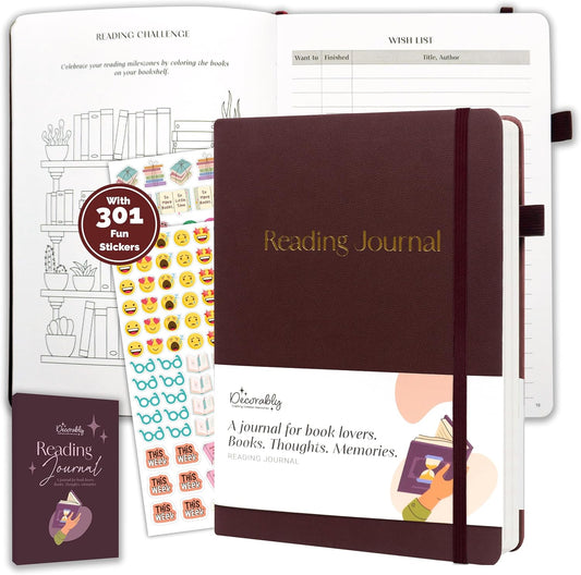 Decorably 75 Reviews Gold Foiled Reading Journals for Book Tracking with Stickers, 90 Sheets 6x8.5in with Pages: Index, Daily Tracker, Log, Wish List, Review, and Favorites