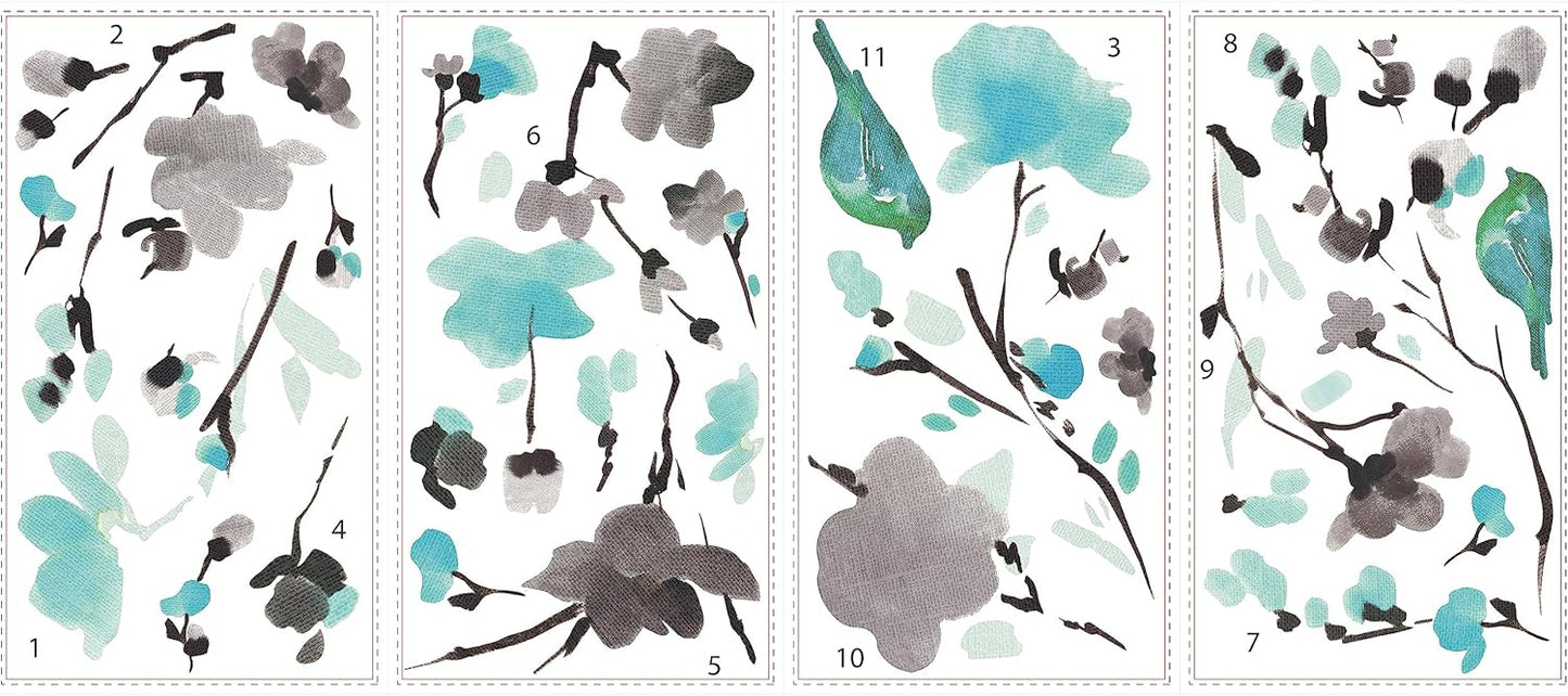 RoomMates RMK2687SCS Blossom Watercolor Bird Branch Peel and Stick Wall Decals, Multi Color