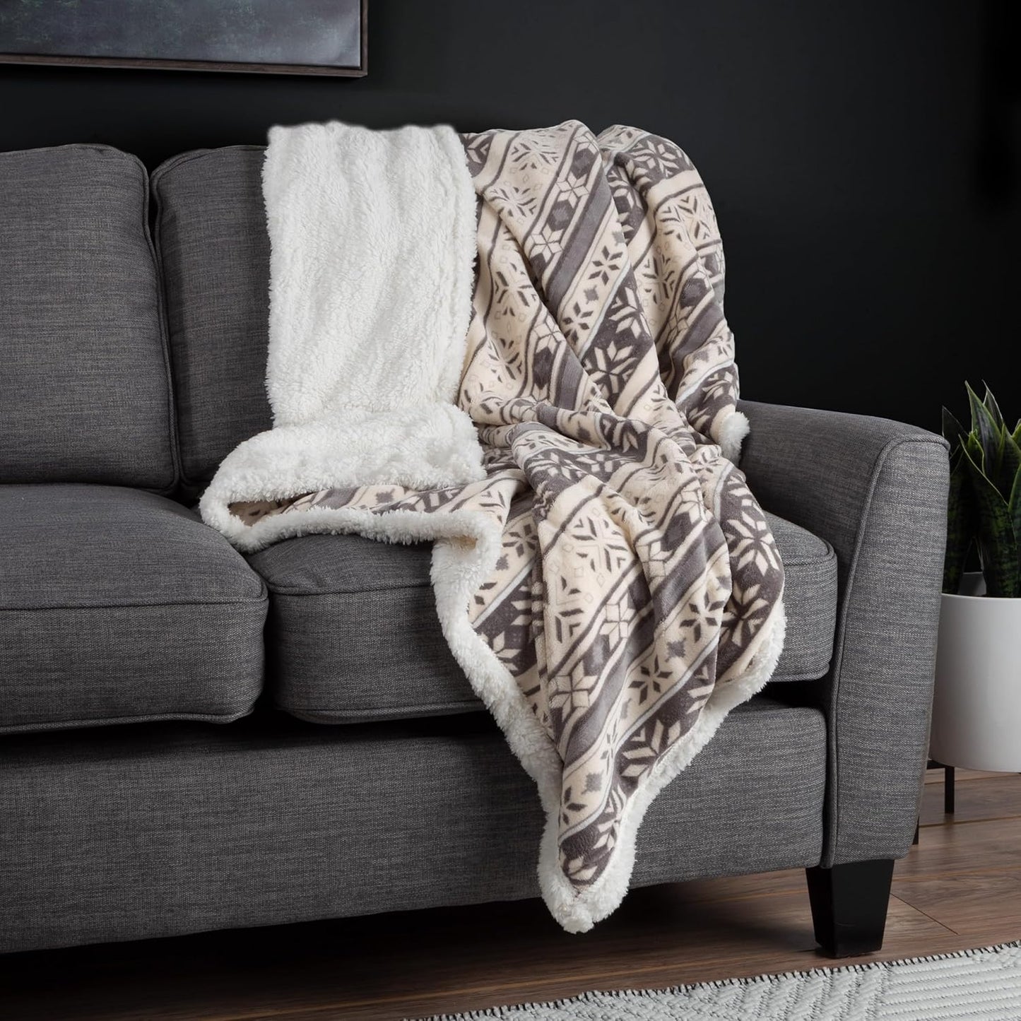 Reversible Fleece Blanket - 50-Inch x 60-Inch Machine-Washable Sherpa Throw with Snowflakes - Cozy Blanket for Couch, Chair, or Bed by Lavish Home