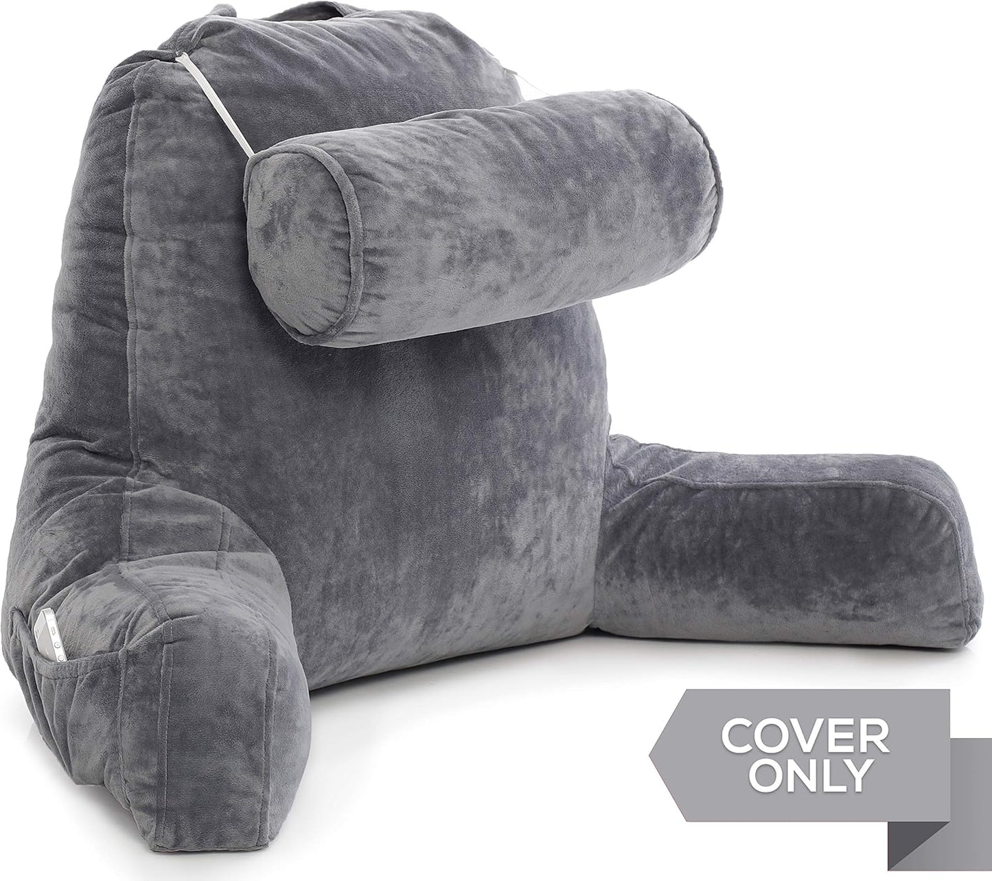 Husband Pillow XXL Cover Only Dark Grey, Cozy Microfiber Bed Rest Pillow Cover with Arms - Array of Colors - Generous Side and Back Pockets for Your Favorite Comfy Reading Pillow