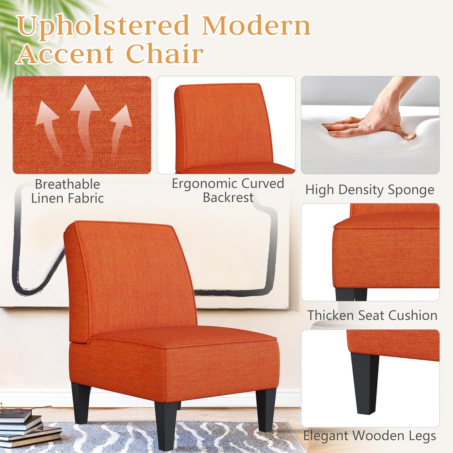 ALISH Accent Chairs Set of 2 Upholstered Living Room Chairs Armless Side Chairs Bedroom Chairs with Curved Backrest and Wooden Legs Orange