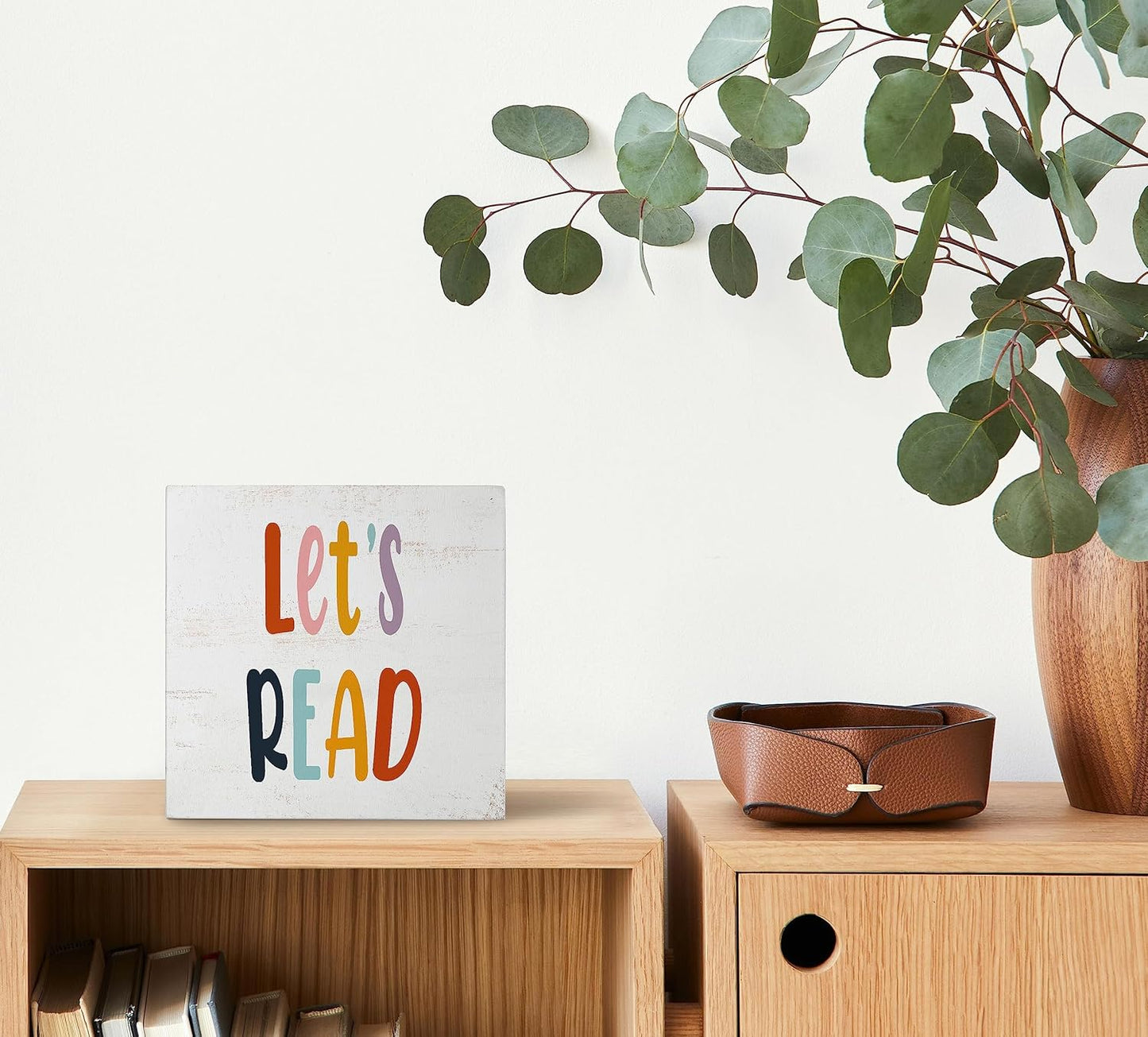Mtrgdn Reading Corner Decor for Classroom,Boho Classroom Reading Nook Desk Decor,Let's Read Sign Wood Box for Homeschool Library Bookshelf Nursery Kids Reading Room,5x5 Inch