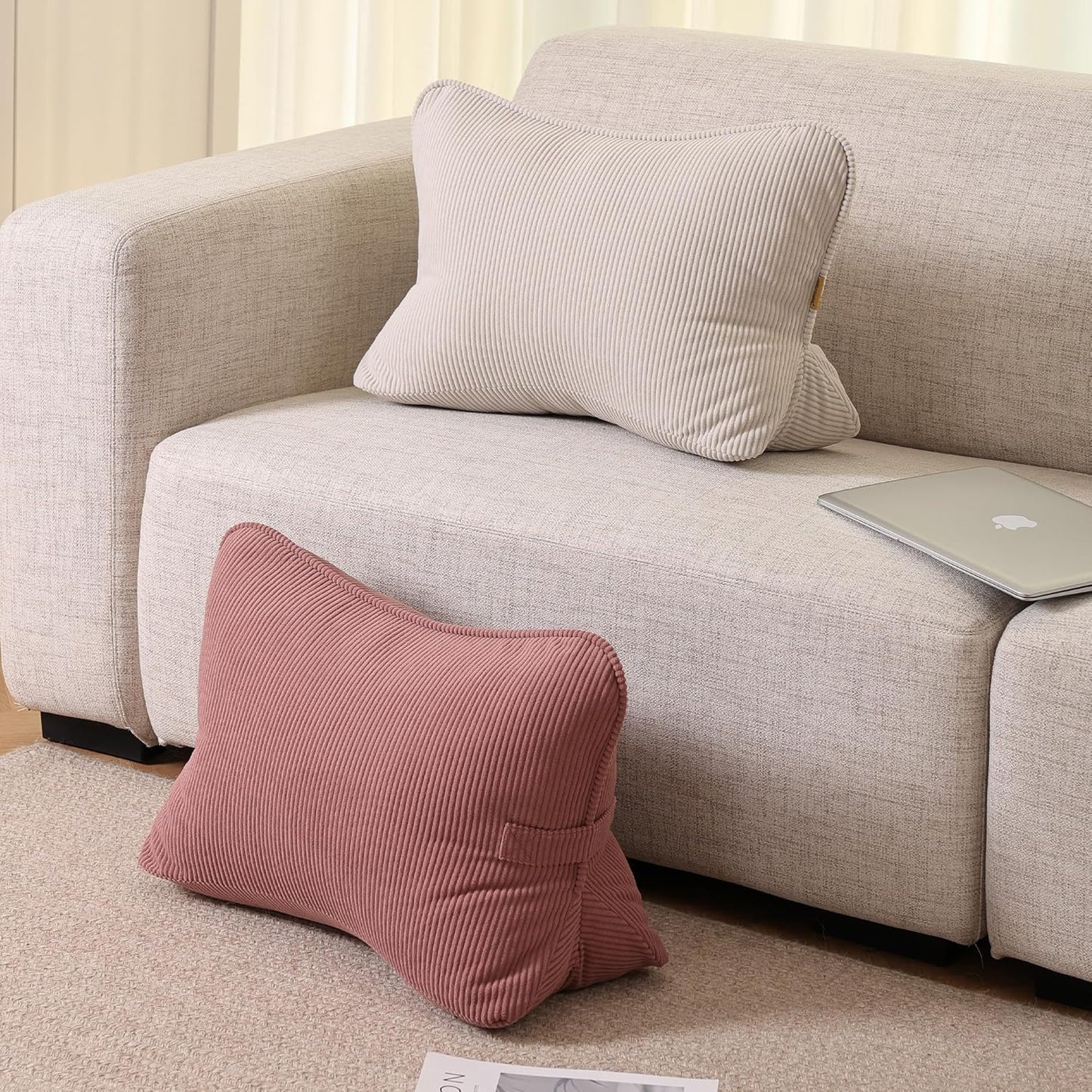 Corduroy Back Pillow for Sitting Up & Reading, Ergonomic Triangle Lumbar Support Cushion for Sofa, Armchair & Bed, Removable Cover, Brick Brown