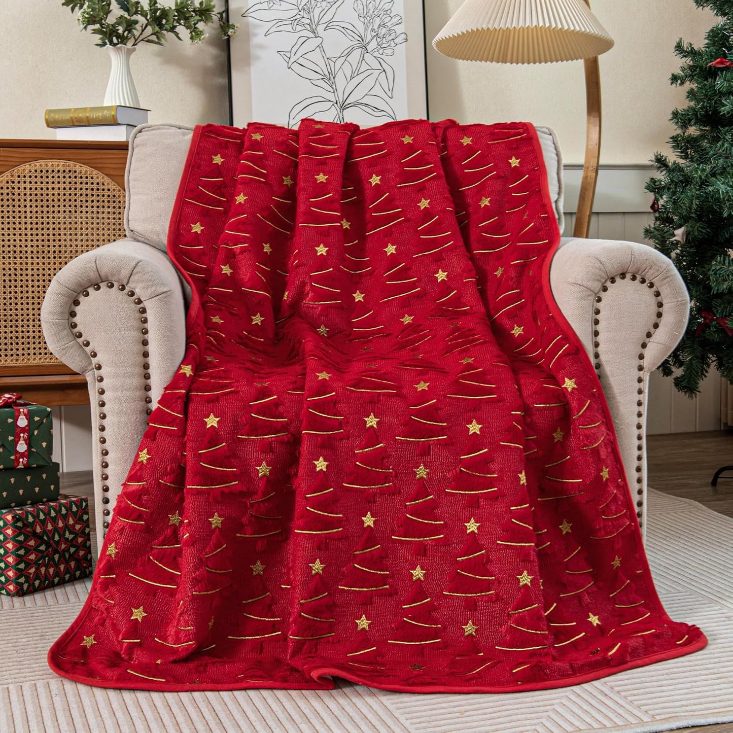 Christmas Tree Throw Blanket with Flannel Backing – Soft Decorative Blanket for Couch, Sofa & Bed, Cozy Holiday Blanket for Christmas Decor, Red