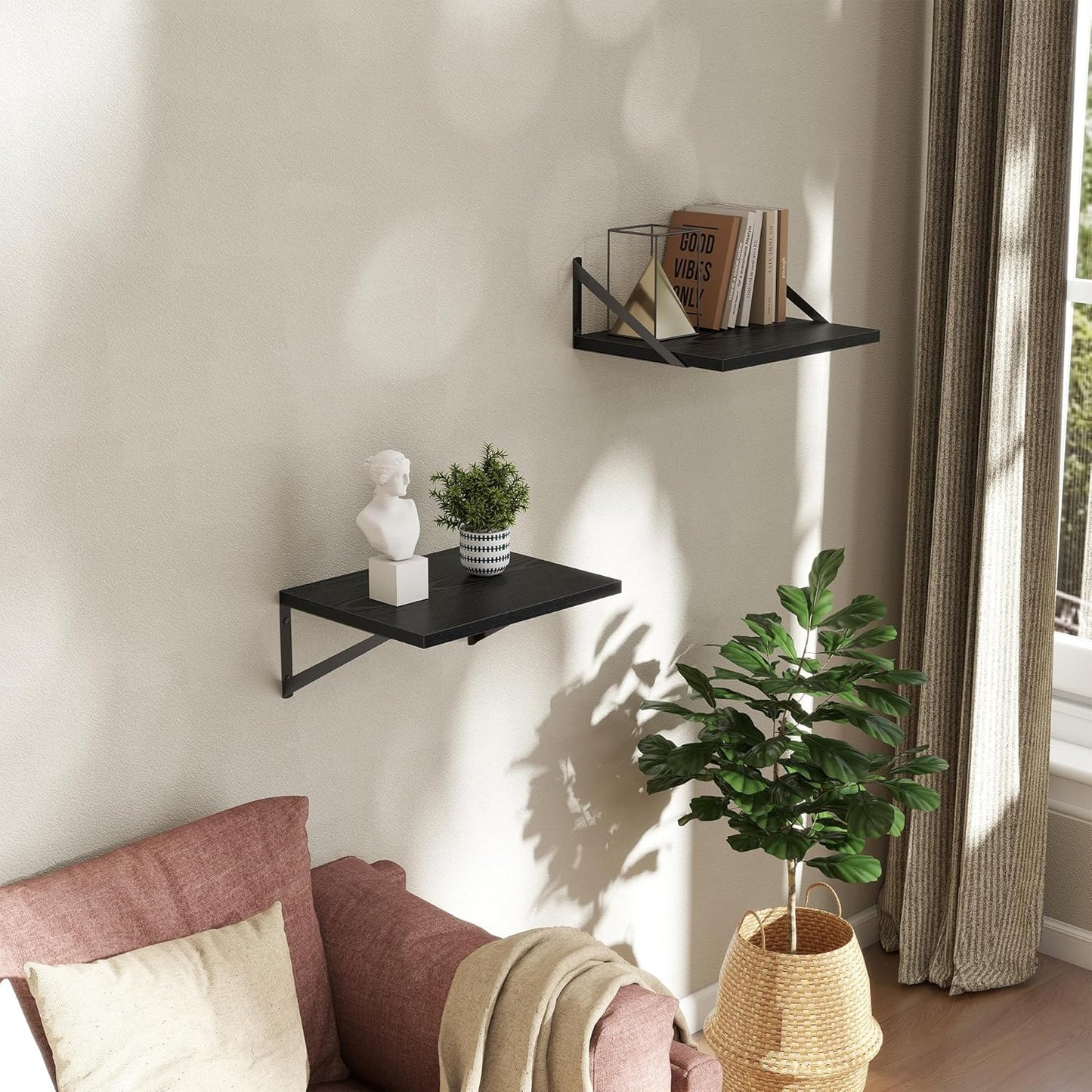 Deep Floating Shelves Wall Mounted, 16"x12" Black Wall Shelves with Brackets Set of 2 for Bedroom, Living Room, Bathroom, Kitchen, Office - Storage & Display Shelf for Decor, Books, Plants