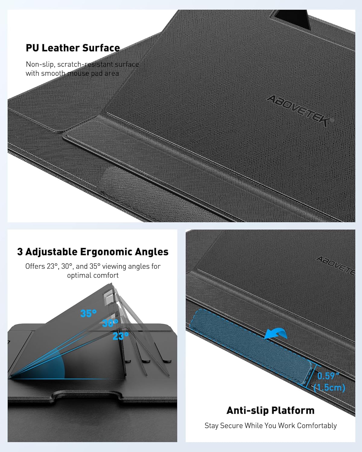 AboveTEK Adjustable Laptop Lap Desk, 3 Ergonomic Angles, PU Leather Non-Slip Surface, Heat Shield, Retractable Mouse Pad, Portable Laptop Lap pad Workstation for Bed, Sofa, Travel