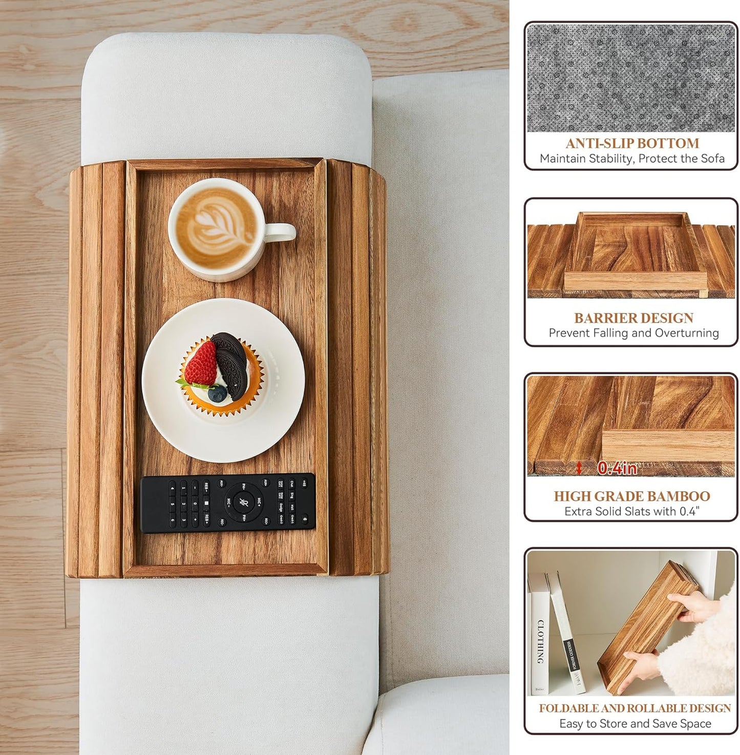 GEHE Acacia Wood Sofa Arm Tray, Foldable Couch Arm Tray Side Table, Anti-Falling Armrest Tables Cup Holder for Snacks, Drinks, Beers, Phone, Control, Flexible and Portable, Anti-Slip