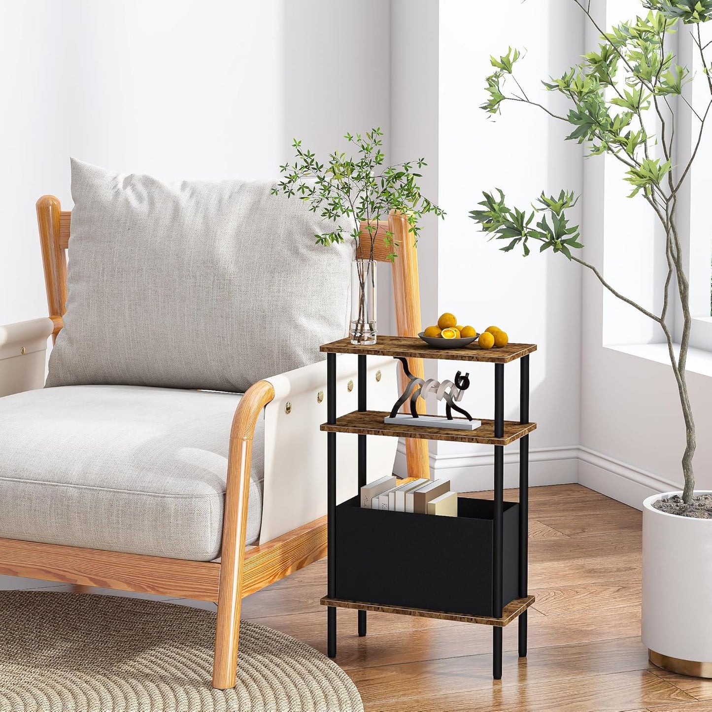 Narrow Side Table with Fabric Basket, End Table for Small Spaces, Slim Nightstand with 3-Tier Storage Shelf, Sofa Beside Table, for Living Room, Bed Room, Rustic Brown
