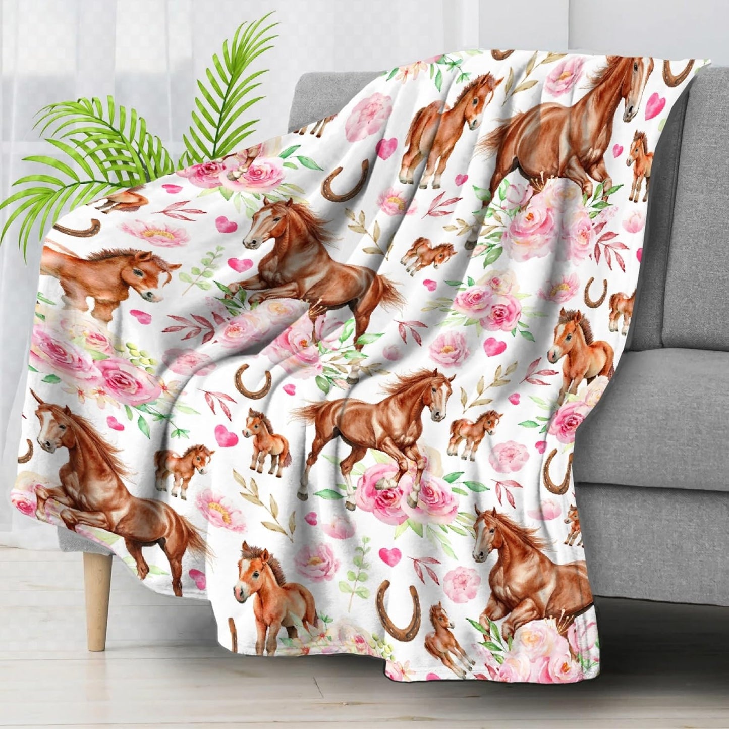 Horses Floral Blanket Gifts for Boys Girls, Ultra Soft Horse Throw Blanket, Lightweight Horse Stuff Warm Plush Throw for Couch Travel 40"x50" for Kids