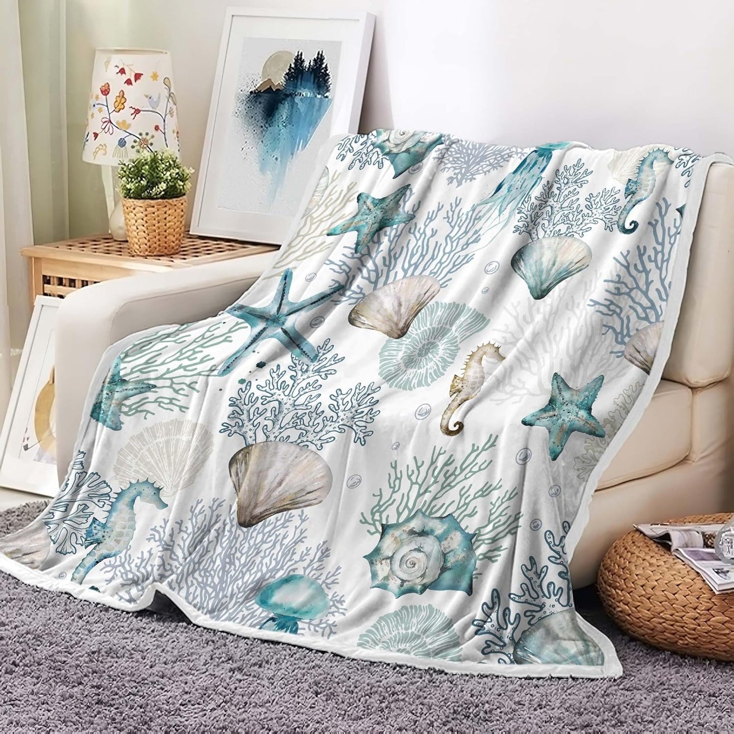 Nautical Beach Throw Blanket, Summer Coastal Ocean Themed Blankets for Adults Kids Woman, Sea Starfish Seashell Coral Teal Throws Blankets for Couch Bed Room Sofa Decor,50X60IN