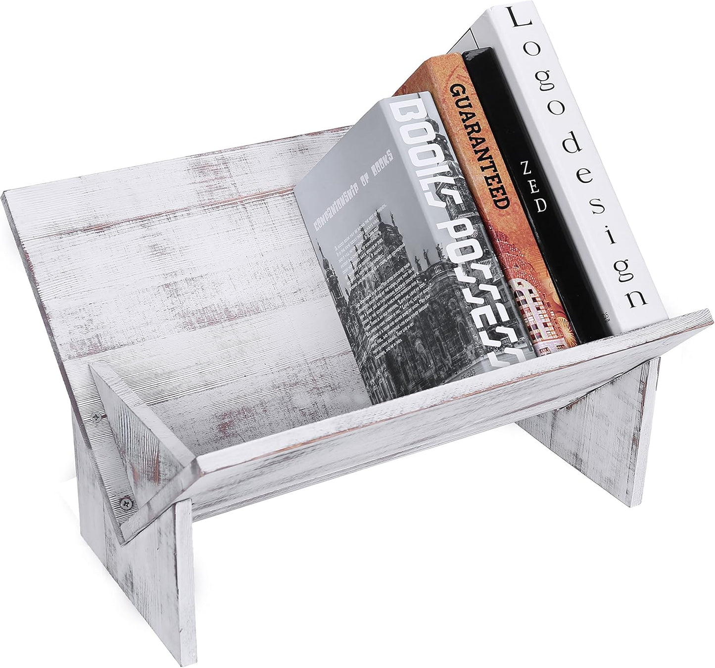 MyGift Shabby Whitewashed Solid Wood Desk Top Tilted Small Bookshelf, Decorative Wooden Tabletop Book Stand